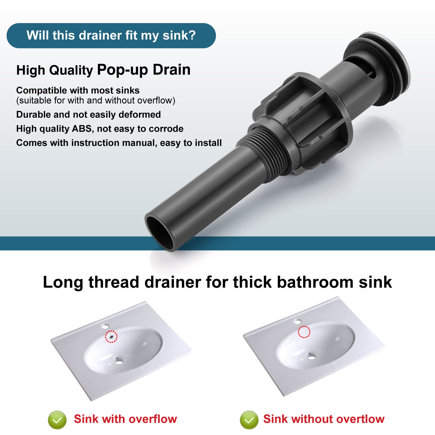 
                  
                    Midanya Pop Up Drain, ABS Bathroom Pop-up Sink Drain, Lavatory Kitchen RV Drain Strainer, Vanity Vessl Sink Drain Stopper Assembly, Universal Sink Drain Assembly
                  
                