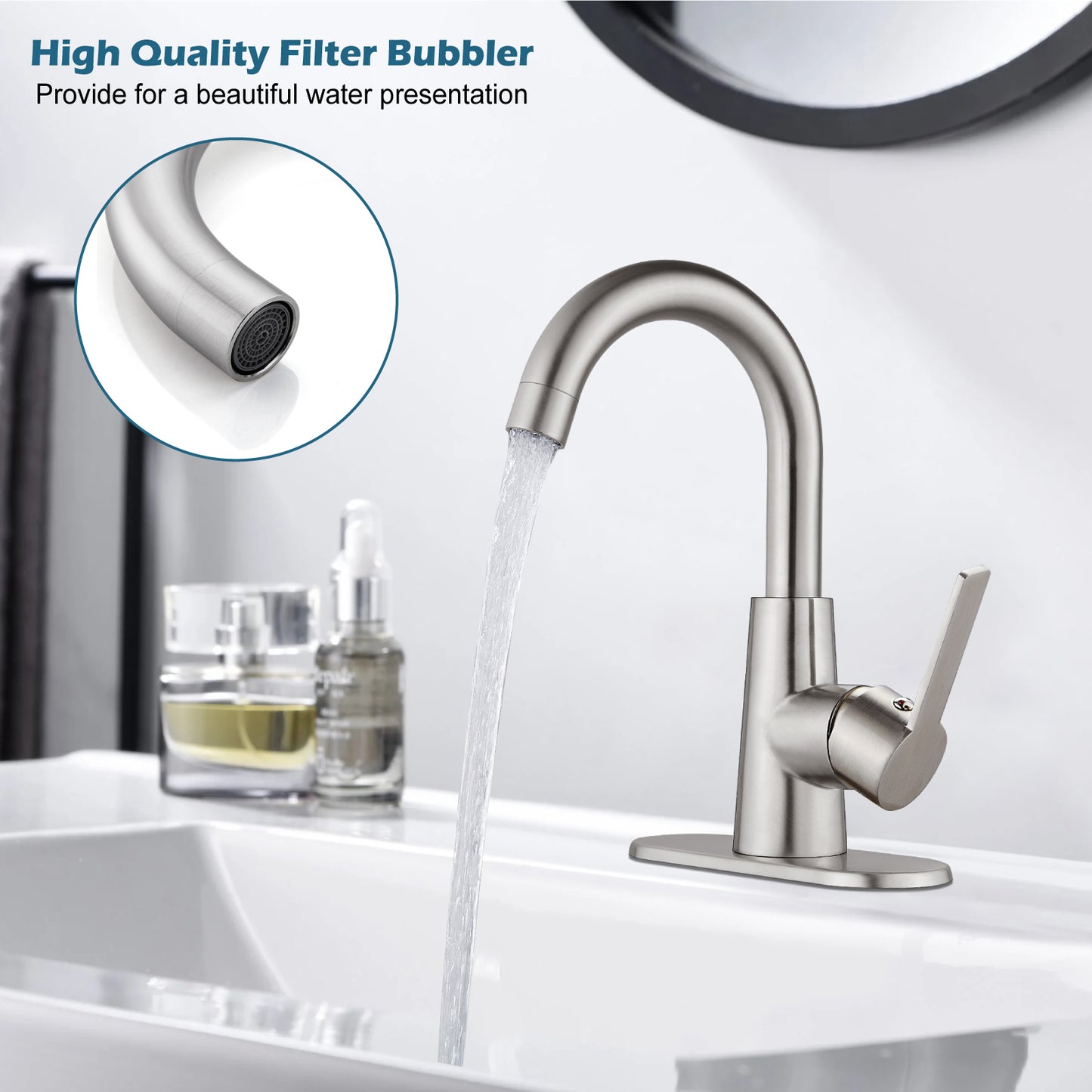 
                  
                    Midanya Bar Sink Faucet, Single Hole Bathroom Sink Faucet with Cover Plate, Water Supply Hoses and Pop Up Drain, Pre-Kitchen Farmhouse RV Small Vanity Faucet with 360° Rotation Spout
                  
                