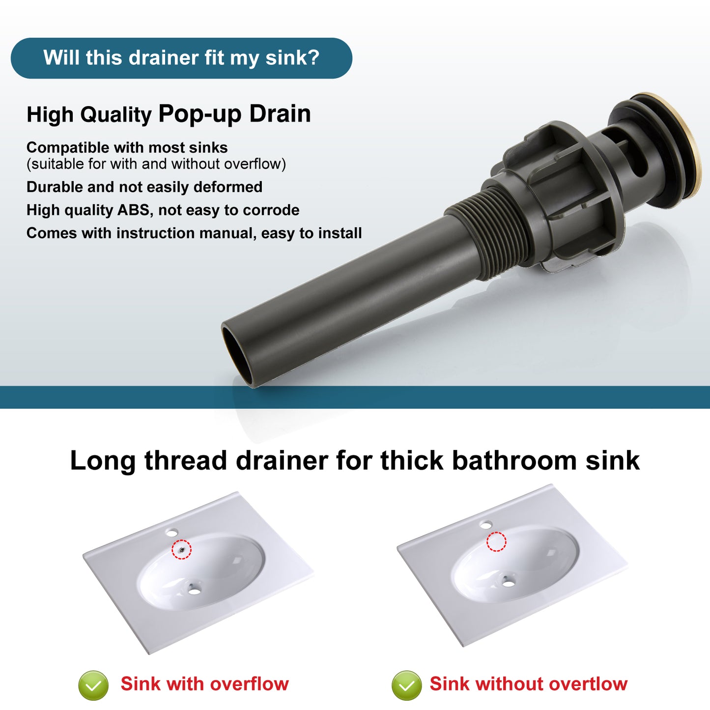 
                  
                    Midanya Pop Up Drain, ABS Bathroom Pop-up Sink Drain, Lavatory Kitchen RV Drain Strainer, Vanity Vessl Sink Drain Stopper Assembly, Universal Sink Drain Assembly
                  
                