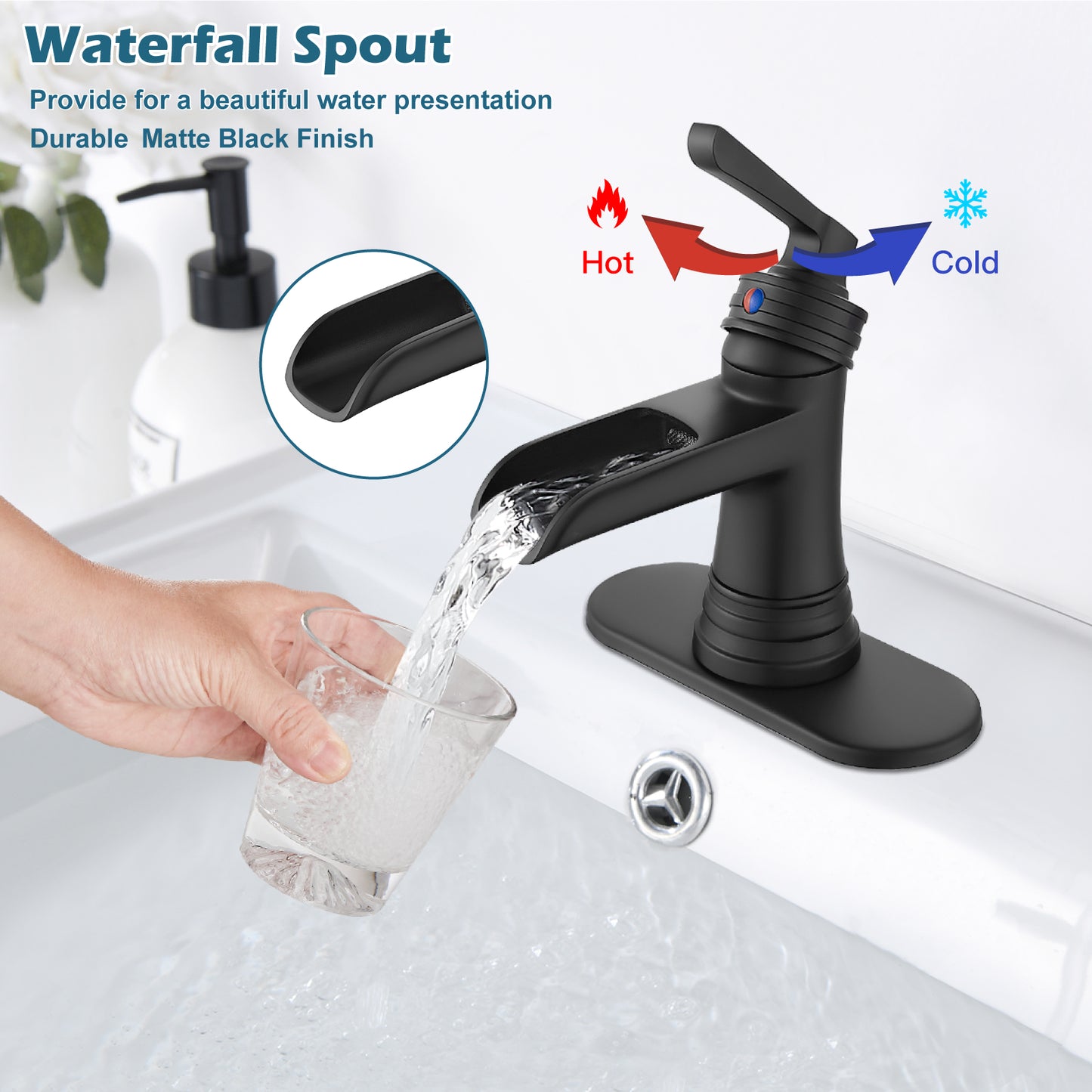 
                  
                    Midanya Waterfall Faucet Single Handle Bathroom Sink Faucet, Large Spout Lavatory Faucet, Deck Mounted Single Hole or 3 Hole Bathroom Faucet with Pop Up Drain and Water Supply Lines
                  
                
