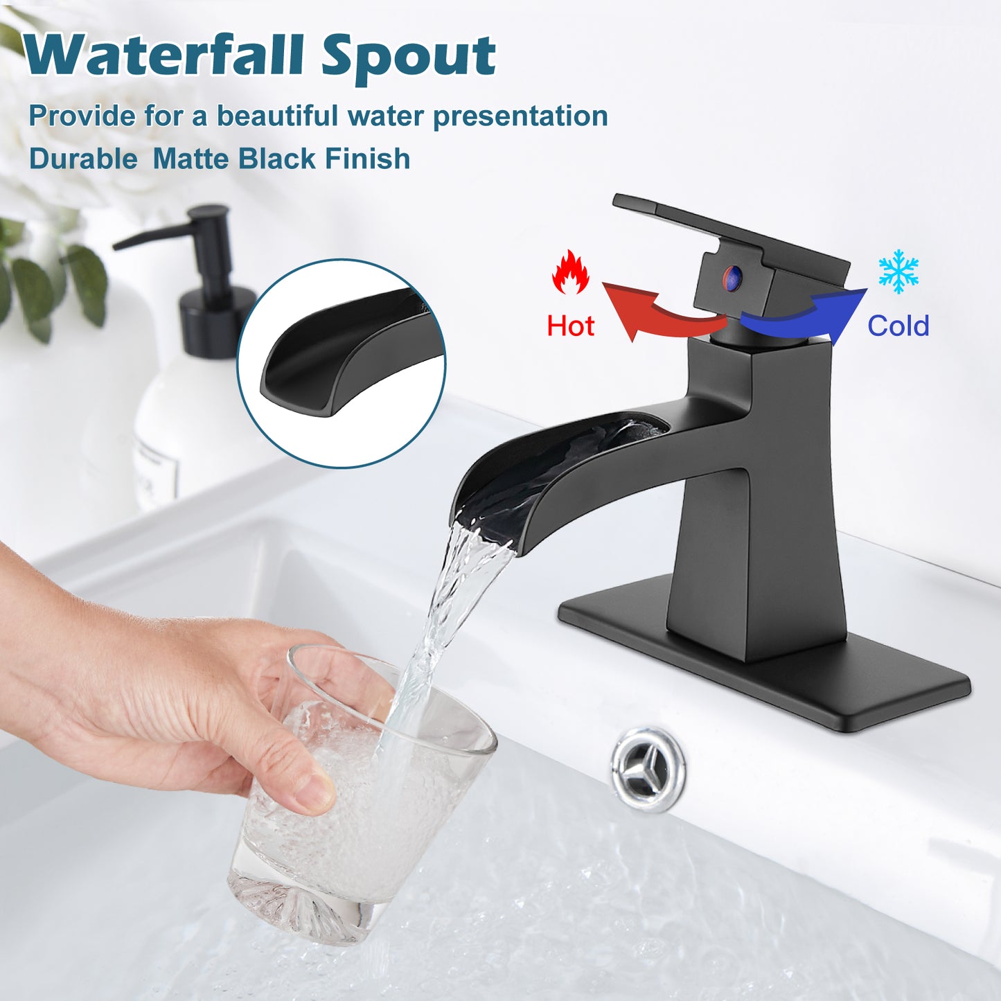 
                  
                    Midanya Single Handle Bathroom Sink Faucet, Waterfall Bathroom Faucet for 1 Hole or 3 Holes, Lavatory RV Vanity Faucet with Deck Mount Pop-Up Drain and Water Supply Lines
                  
                