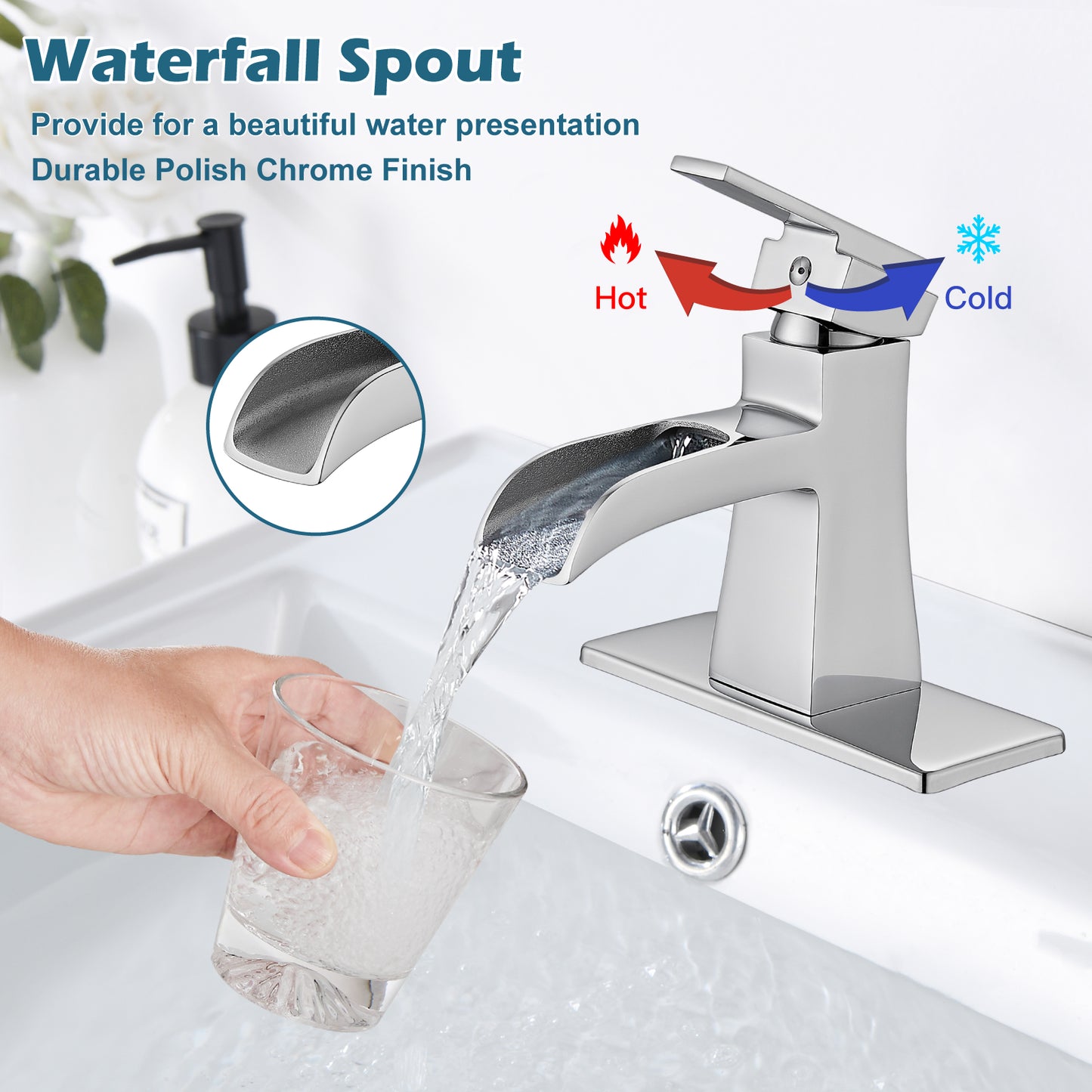 
                  
                    Midanya Single Handle Bathroom Sink Faucet, Waterfall Bathroom Faucet for 1 Hole or 3 Holes, Lavatory RV Vanity Faucet with Deck Mount Pop-Up Drain and Water Supply Lines
                  
                