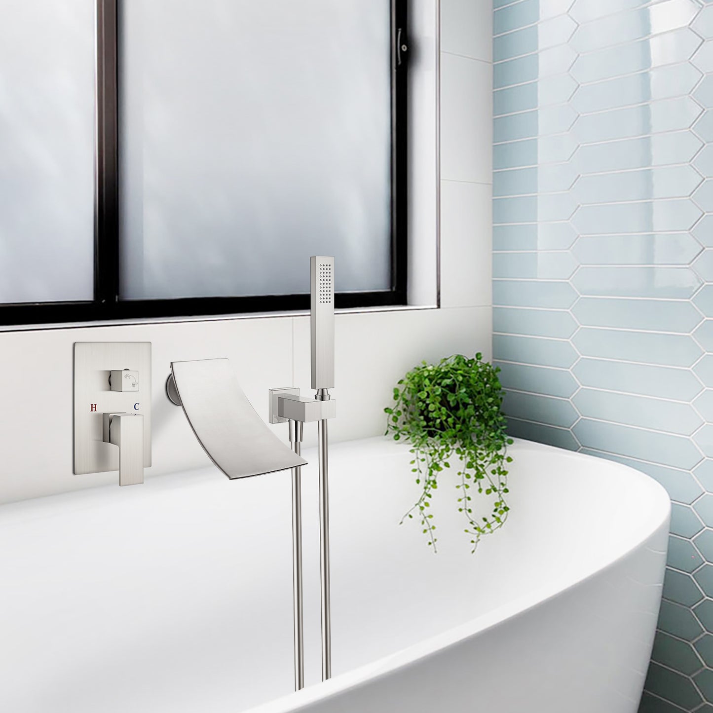 
                  
                    Midanya Wall Mount Bathtub Faucet with Handheld Spray Waterfall Tub Filler High Flow Rate Single Handle Bathroom Tub Mixer Tap Hand-Shower System with Curved Spout Commercial
                  
                