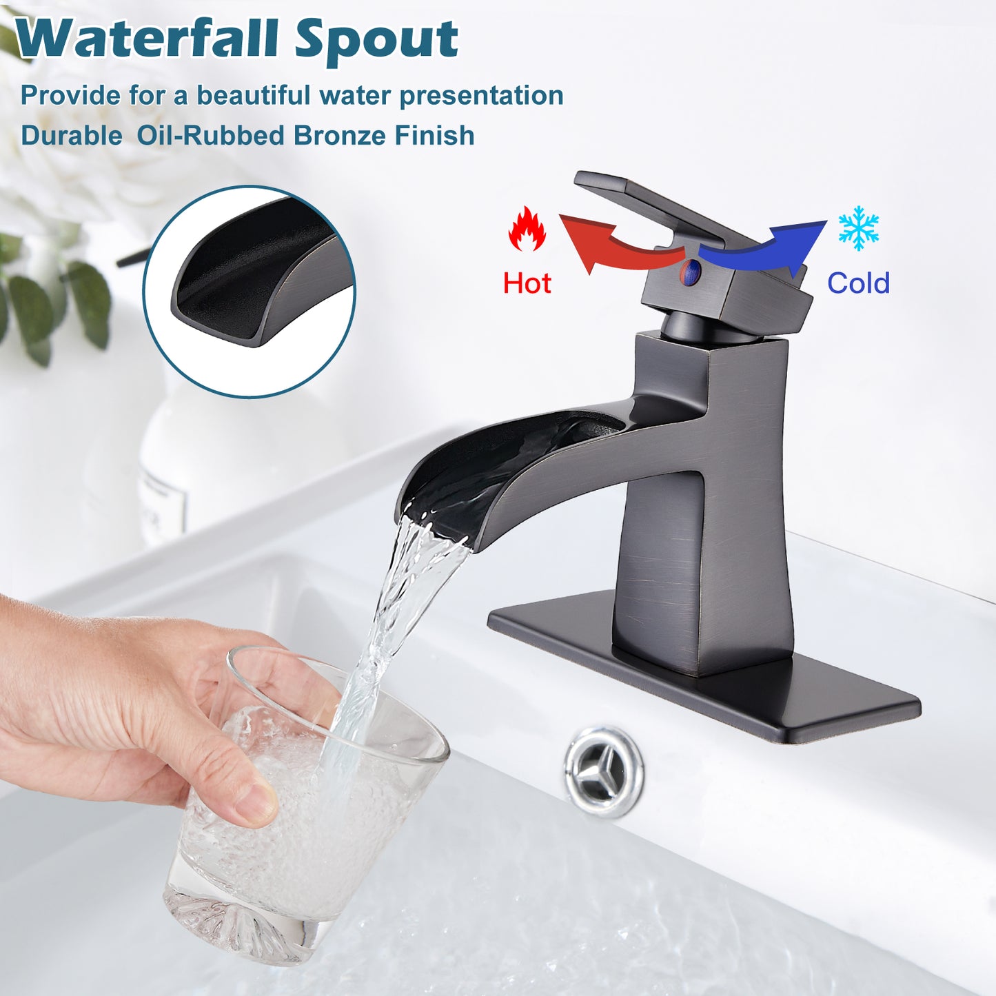 
                  
                    Midanya Single Handle Bathroom Sink Faucet, Waterfall Bathroom Faucet for 1 Hole or 3 Holes, Lavatory RV Vanity Faucet with Deck Mount Pop-Up Drain and Water Supply Lines
                  
                