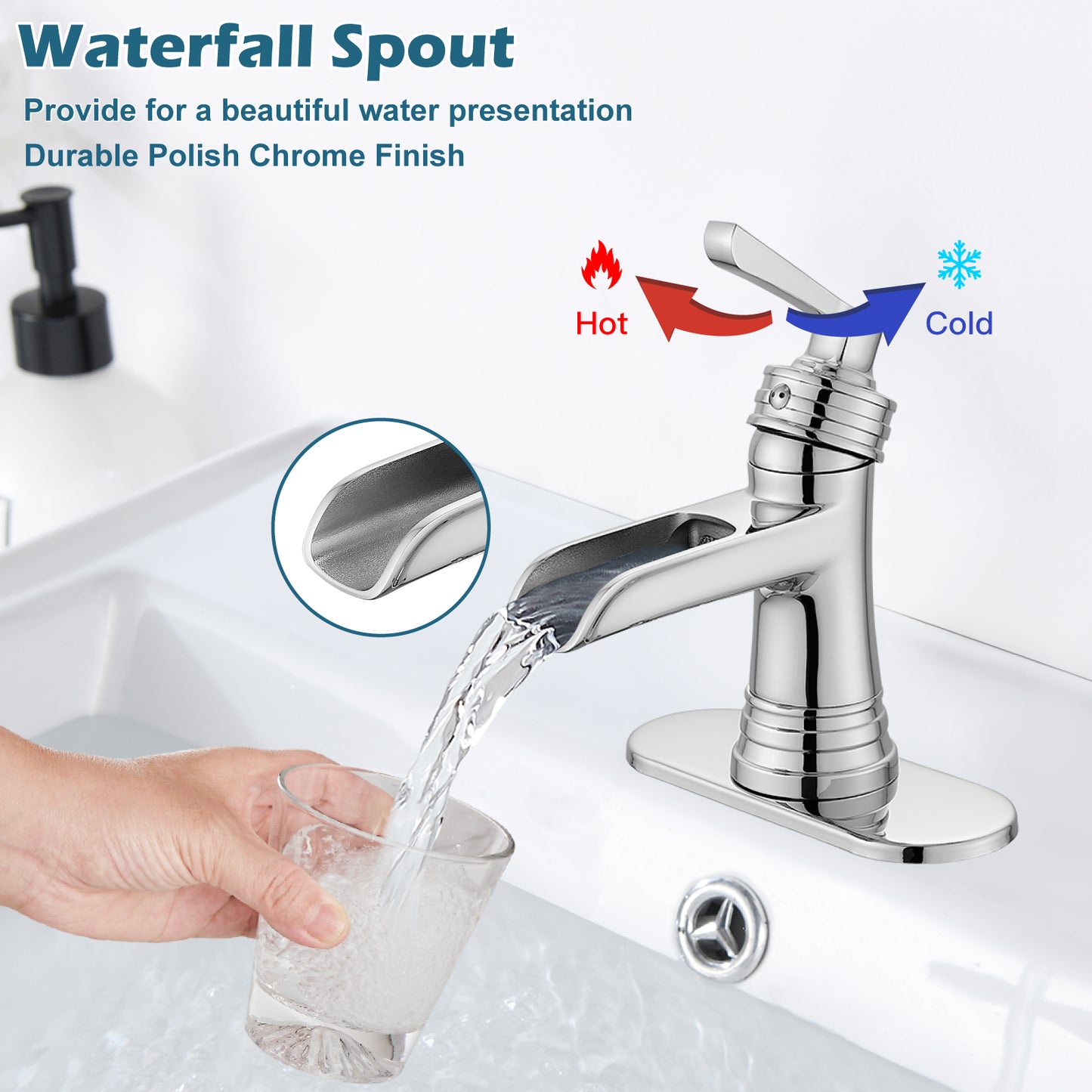 
                  
                    Midanya Waterfall Faucet Single Handle Bathroom Sink Faucet, Large Spout Lavatory Faucet, Deck Mounted Single Hole or 3 Hole Bathroom Faucet with Pop Up Drain and Water Supply Lines
                  
                