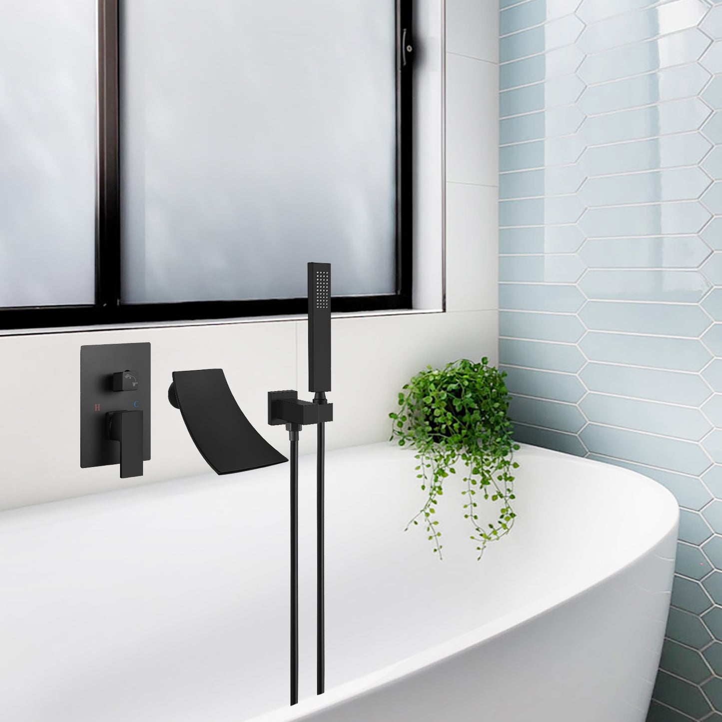 
                  
                    Midanya Wall Mount Bathtub Faucet with Handheld Spray Waterfall Tub Filler High Flow Rate Single Handle Bathroom Tub Mixer Tap Hand-Shower System with Curved Spout Commercial
                  
                