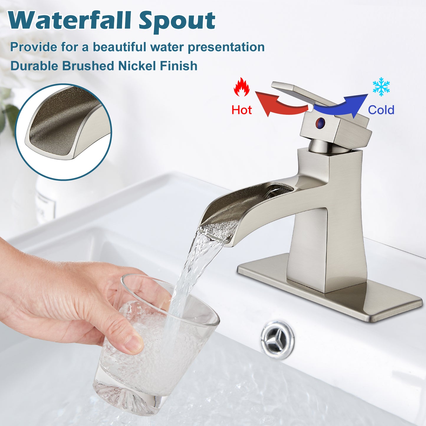 
                  
                    Midanya Single Handle Bathroom Sink Faucet, Waterfall Bathroom Faucet for 1 Hole or 3 Holes, Lavatory RV Vanity Faucet with Deck Mount Pop-Up Drain and Water Supply Lines
                  
                