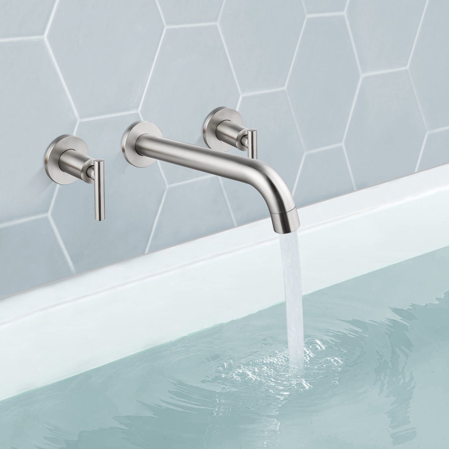 
                  
                    Midanya Brushed Nickel Bathtub Facuet Wall Mount Tub Filler Two Level Handles Long Spout Reach Solid Brass High Flow 3 Hole Bathroom Tub Faucet with Rough in Valve included Roman Tub Faucet
                  
                