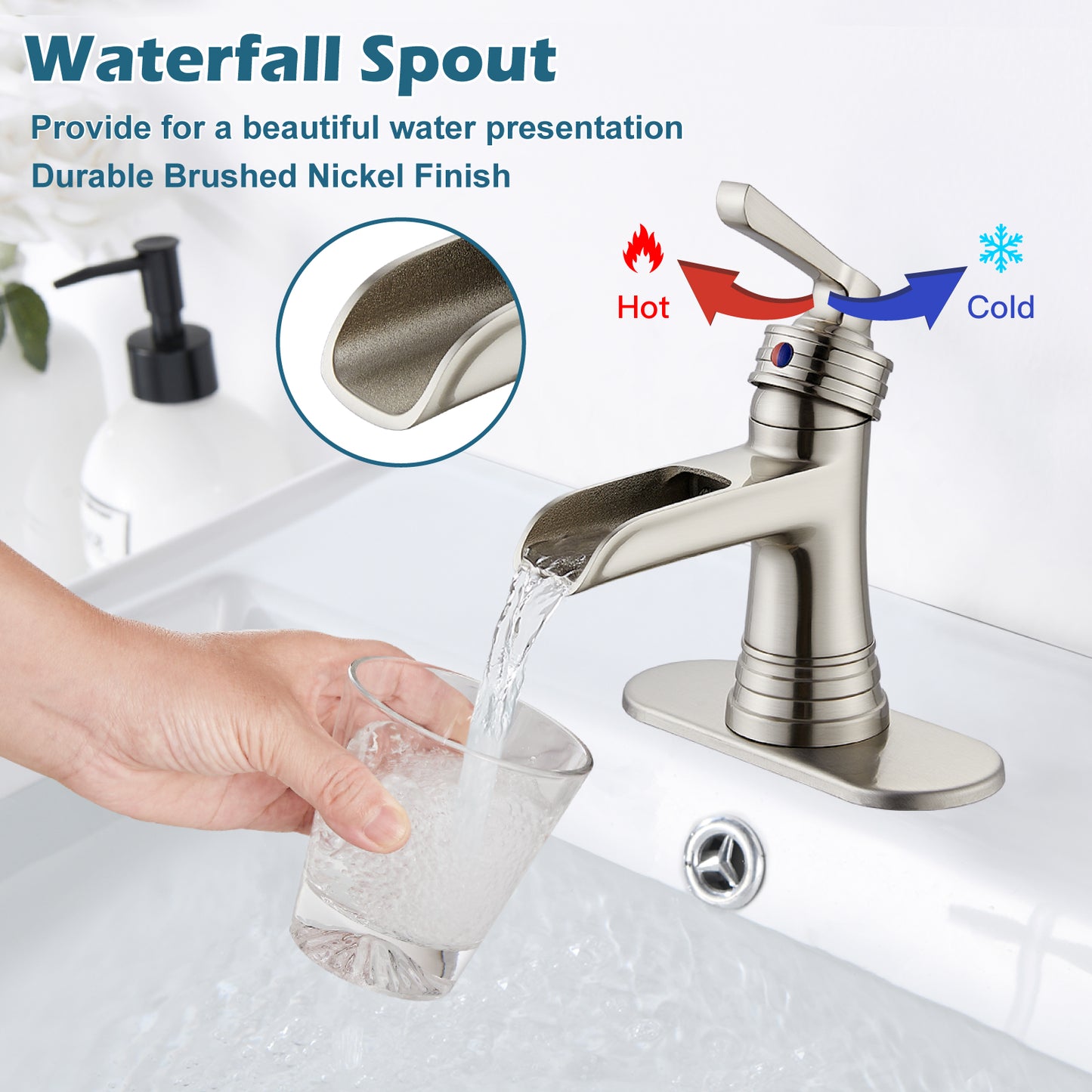 
                  
                    Midanya Waterfall Faucet Single Handle Bathroom Sink Faucet, Large Spout Lavatory Faucet, Deck Mounted Single Hole or 3 Hole Bathroom Faucet with Pop Up Drain and Water Supply Lines
                  
                