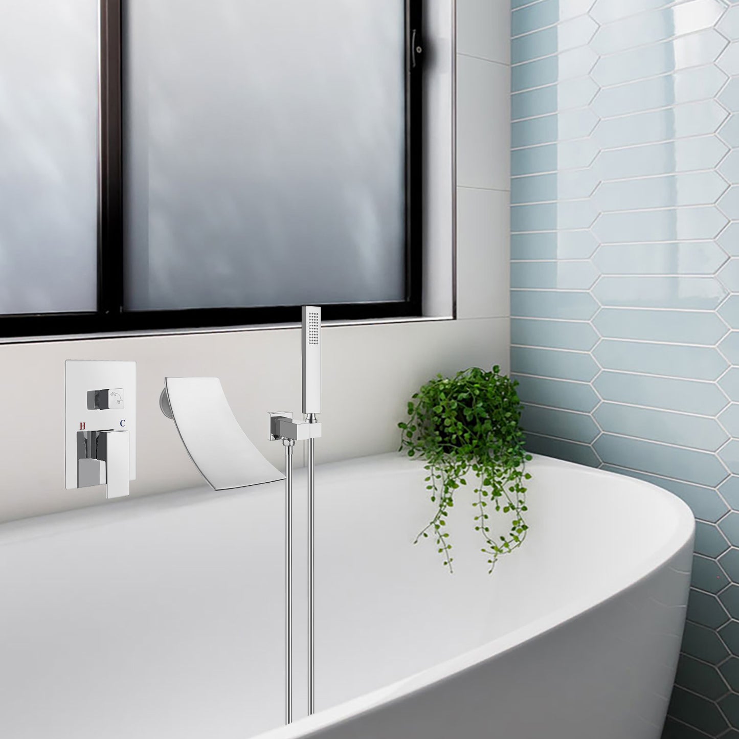 
                  
                    Midanya Wall Mount Bathtub Faucet with Handheld Spray Waterfall Tub Filler High Flow Rate Single Handle Bathroom Tub Mixer Tap Hand-Shower System with Curved Spout Commercial
                  
                
