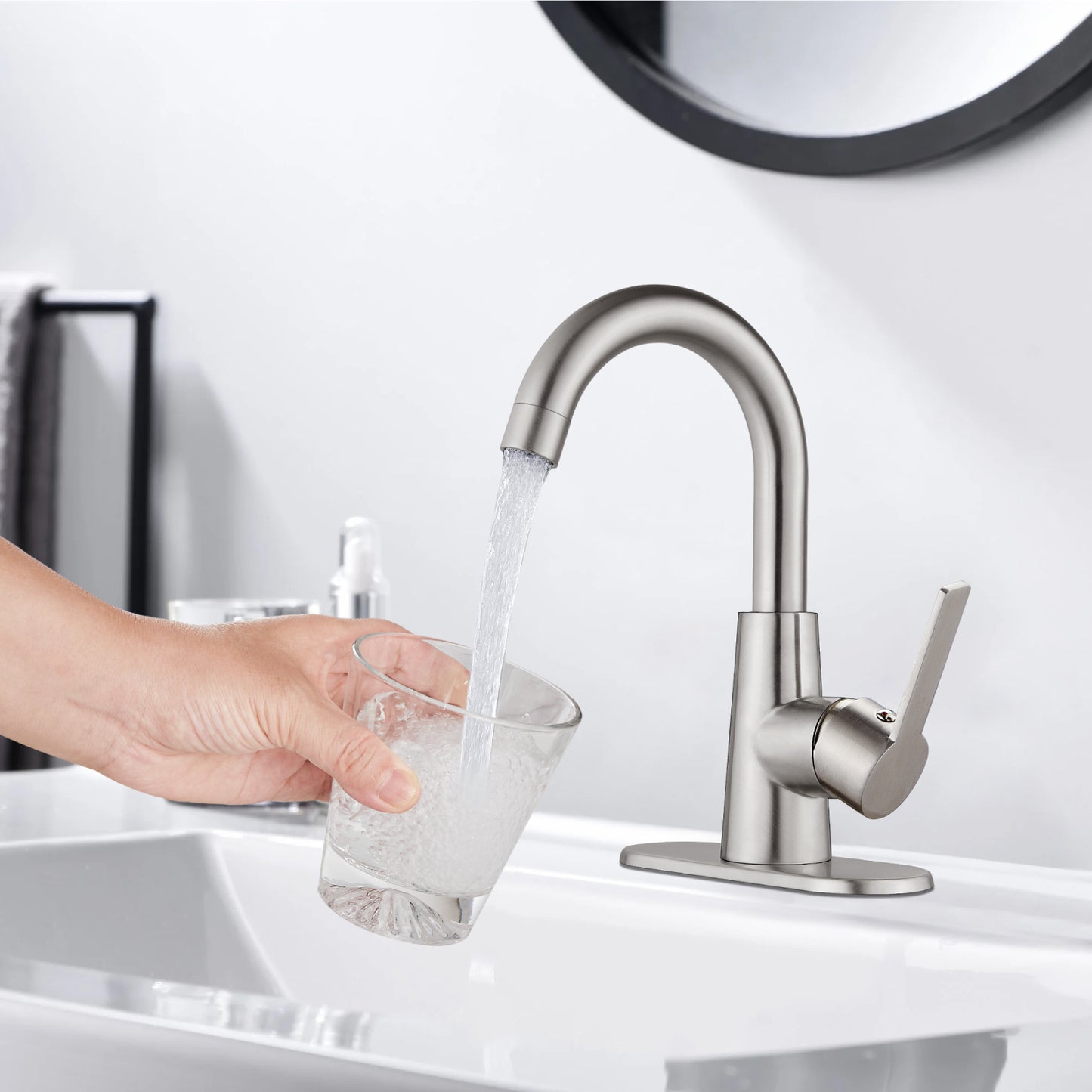 
                  
                    Midanya Bar Sink Faucet, Single Hole Bathroom Sink Faucet with Cover Plate, Water Supply Hoses and Pop Up Drain, Pre-Kitchen Farmhouse RV Small Vanity Faucet with 360° Rotation Spout
                  
                
