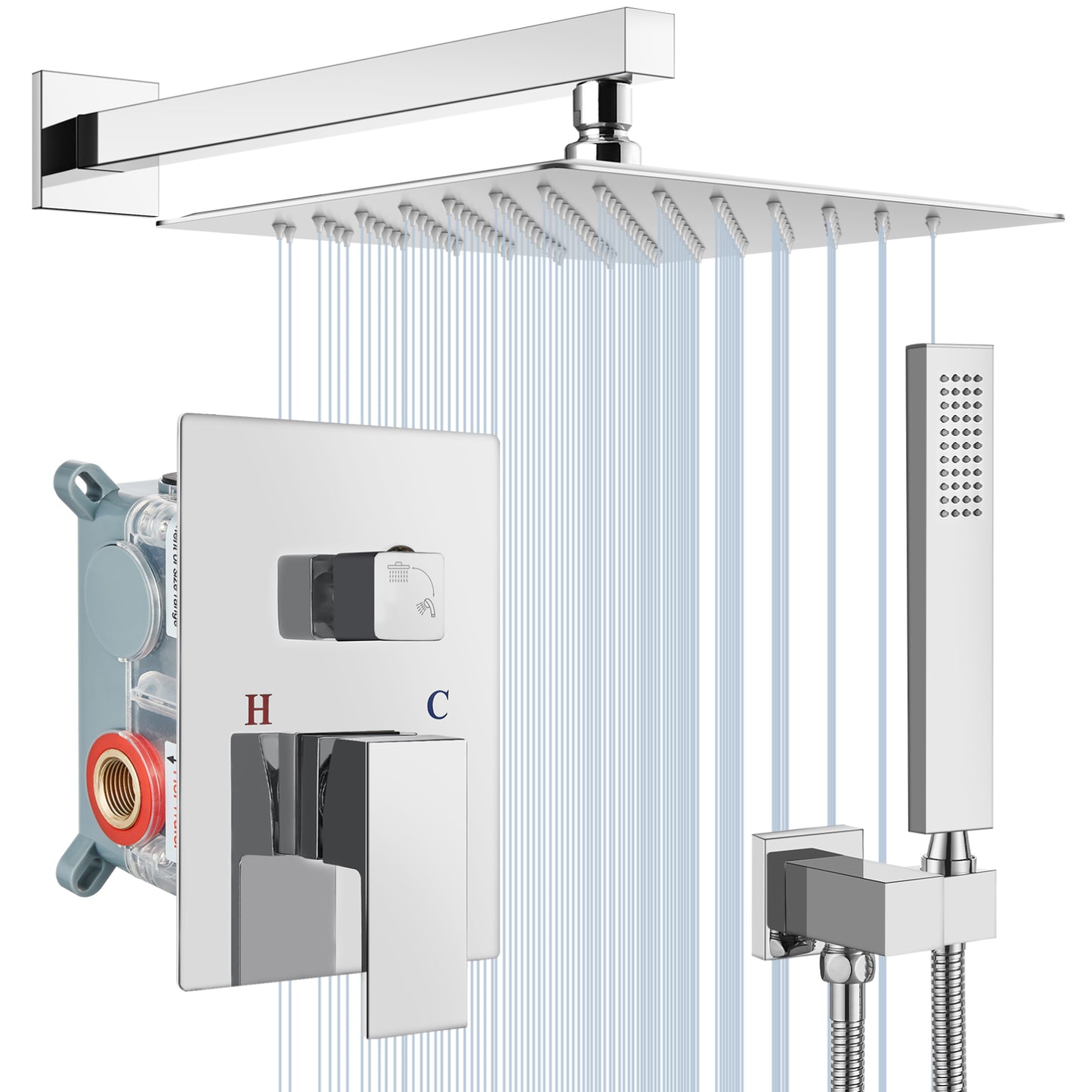 
                  
                    Midanya Rain Shower System 12 Inch Square Rainfall High Pressure Shower Head Wall Mount Shower Faucet Set with Hand Sprayer and Rough-in Valve Trim Kit Bathroom Mixer Shower Combo Set
                  
                