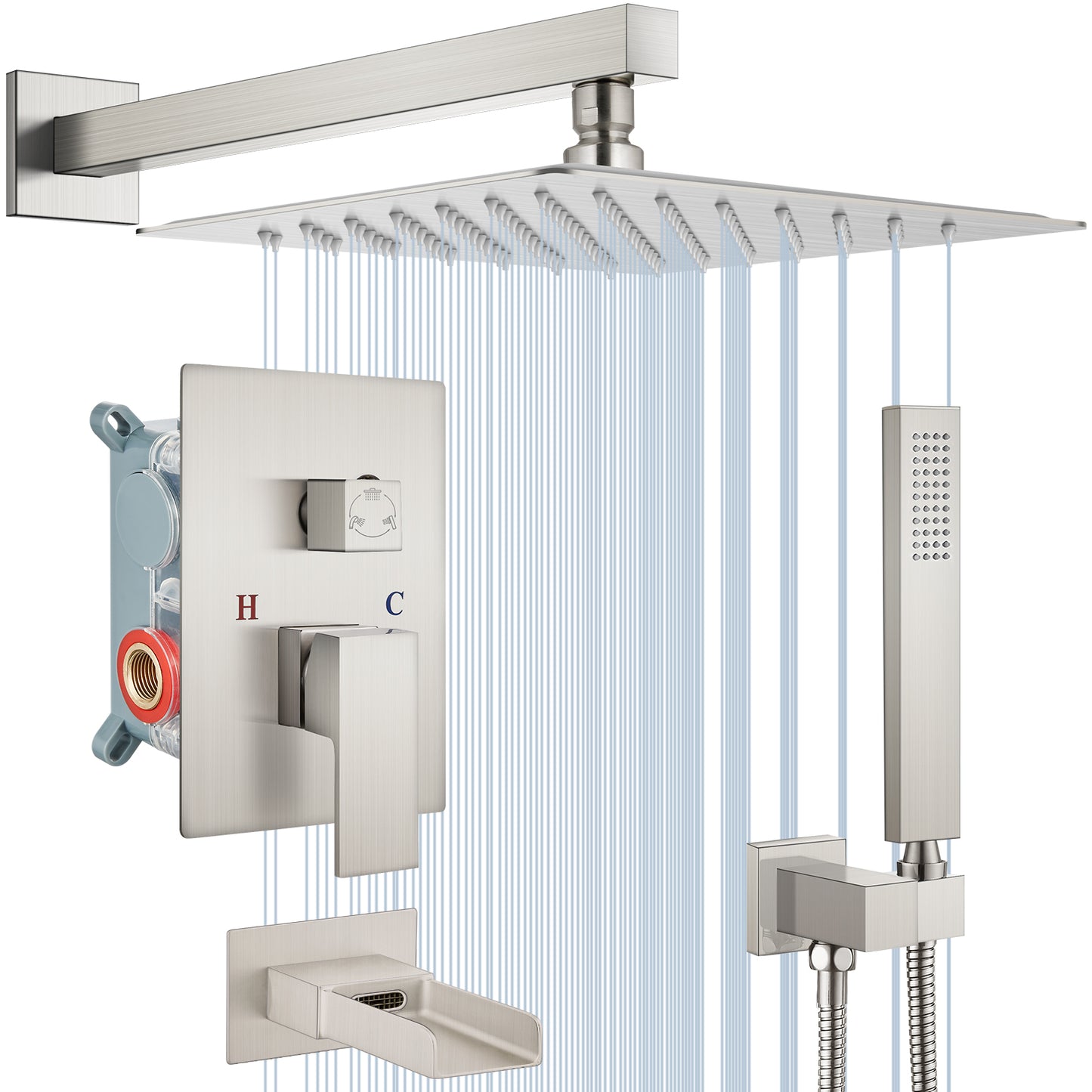 Midanya Bathroom Shower System 12 Inch Rainfall Shower Head with Handheld Spary Wall Mount Tub Spout Combo Set Rough-in Valve 3 Function Mixer Shower Faucet Luxury