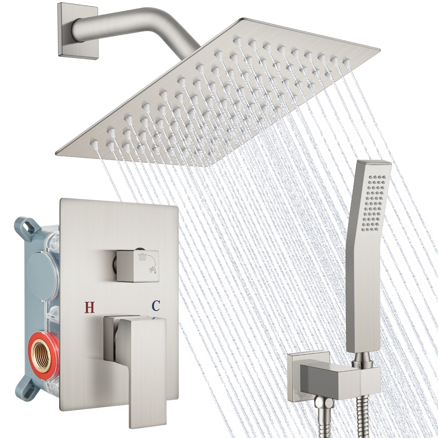 
                  
                    Midanya Rain Shower System Wall Mount Shower Faucet Set 8 Inch Square High Pressure Showerhead with Hand Sprayer Rough-In Valve Body and Trim Included Mixer Shower Combo Set Bathroom
                  
                