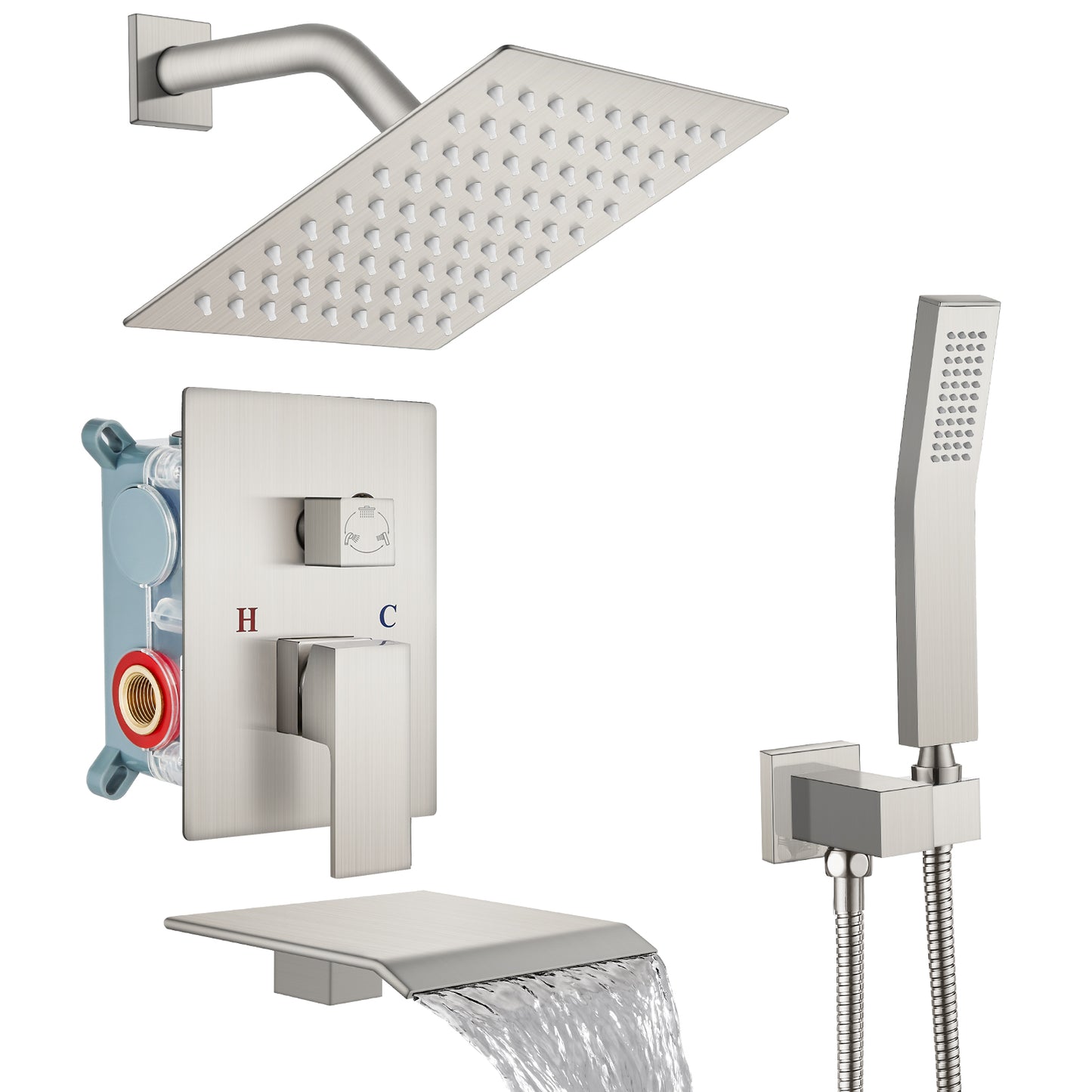 
                  
                    Midanya Rain Shower System Tub Shower Faucet Set 8 Inch Square Rainfall Shower Head with Handheld Sprayer and Waterfall Tub Spout Rough-in Valve Shower Mixer Combo
                  
                