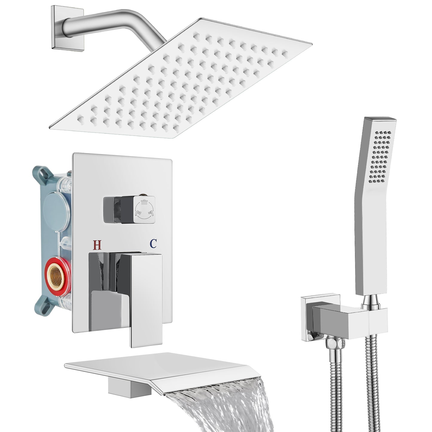 
                  
                    Midanya Rain Shower System Tub Shower Faucet Set 8 Inch Square Rainfall Shower Head with Handheld Sprayer and Waterfall Tub Spout Rough-in Valve Shower Mixer Combo
                  
                