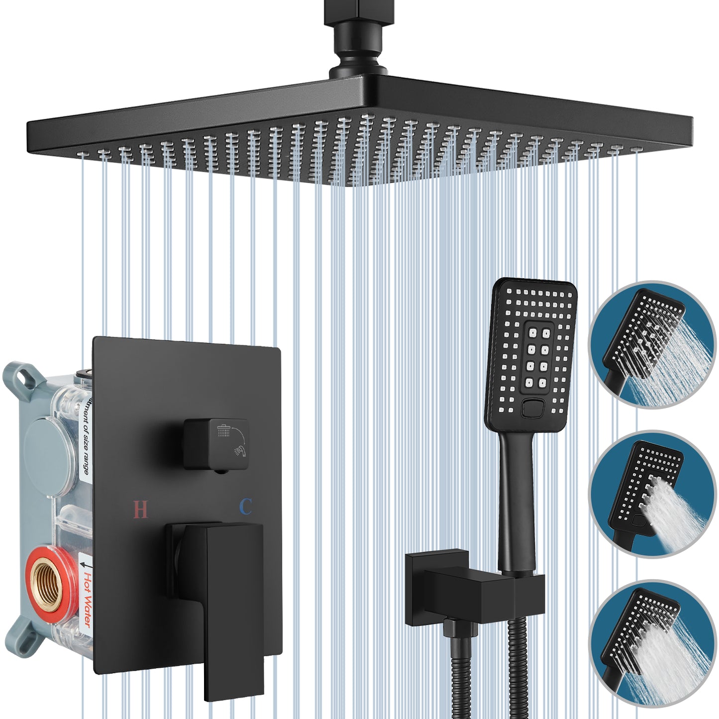 Midanya Shower System Ceiling Mount ABS 12 Inch Rain Shower Head with 3 Functions ABS Handheld Spray Luxury High Pressure Shower Combo Set Rough-in Valve and Shower Trim Included Bathroom