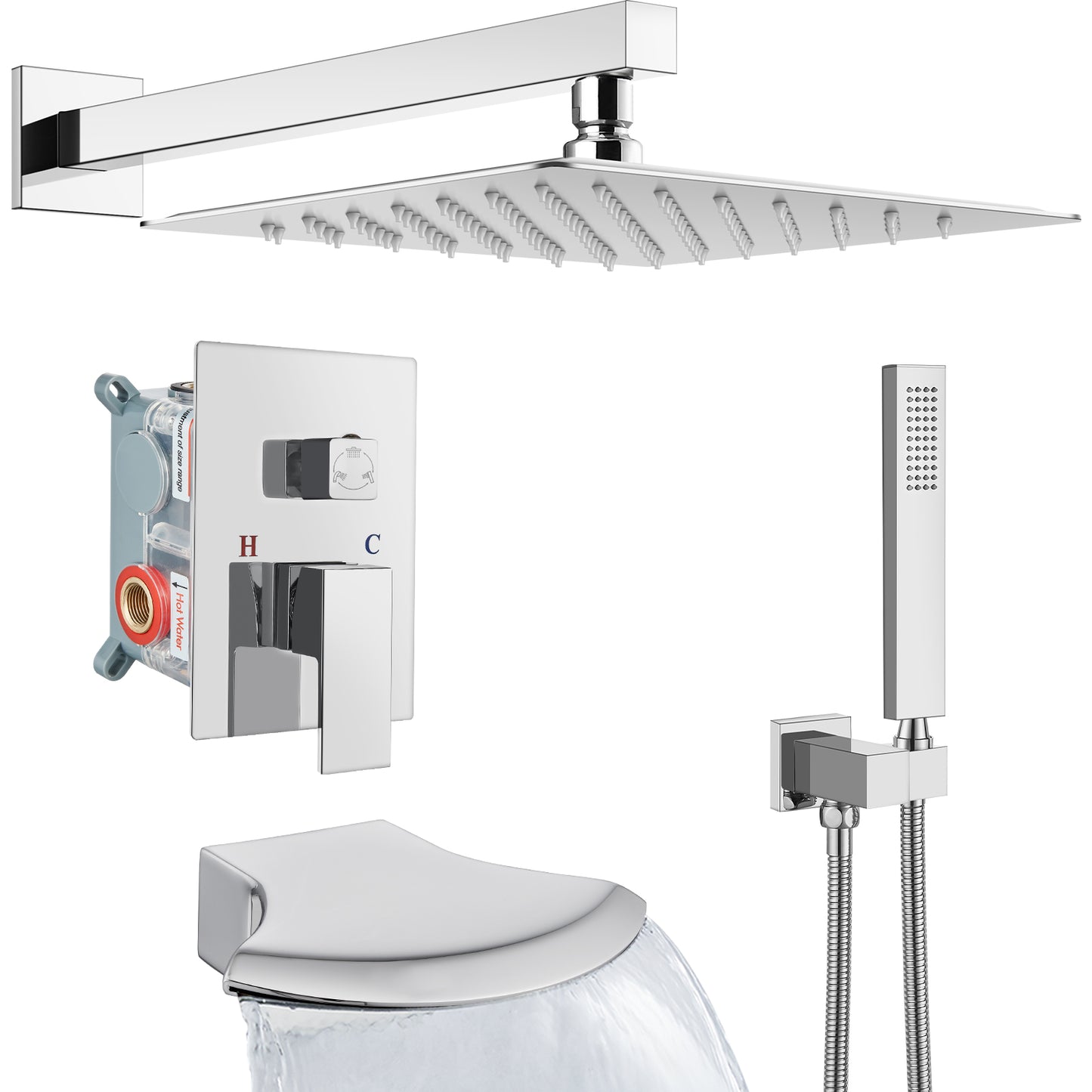 
                  
                    Midanya Rain Shower System 12 Inch Tub Shower Faucet Set Square Rainfall Shower Head with Handheld Sprayer and Waterfall Tub Spout Wall Mount Rough-in Valve 3-Function Mixer Combo
                  
                