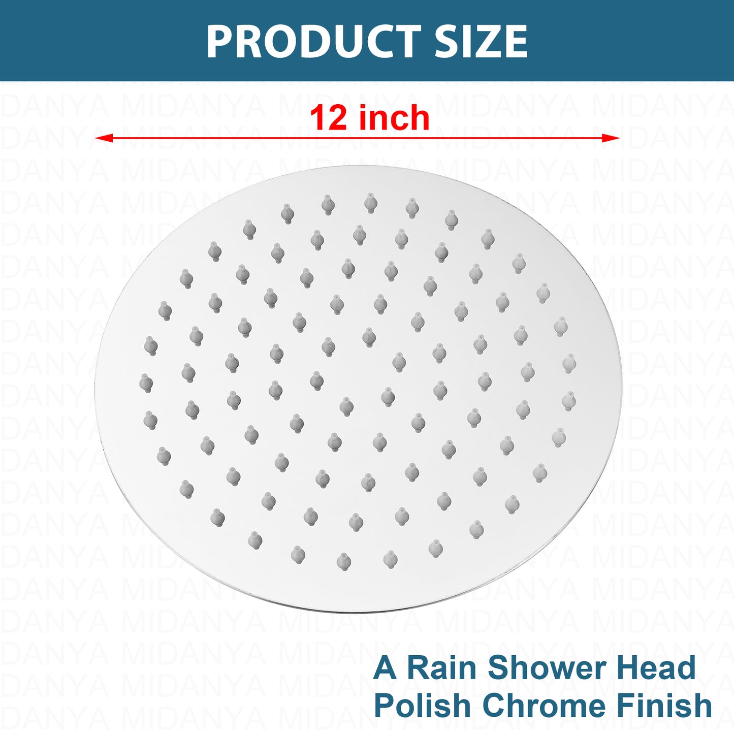 
                  
                    Midanya Round Rainfall Shower Head 12 Inch Stainless Steel Ultra Thin Design High Pressure
                  
                