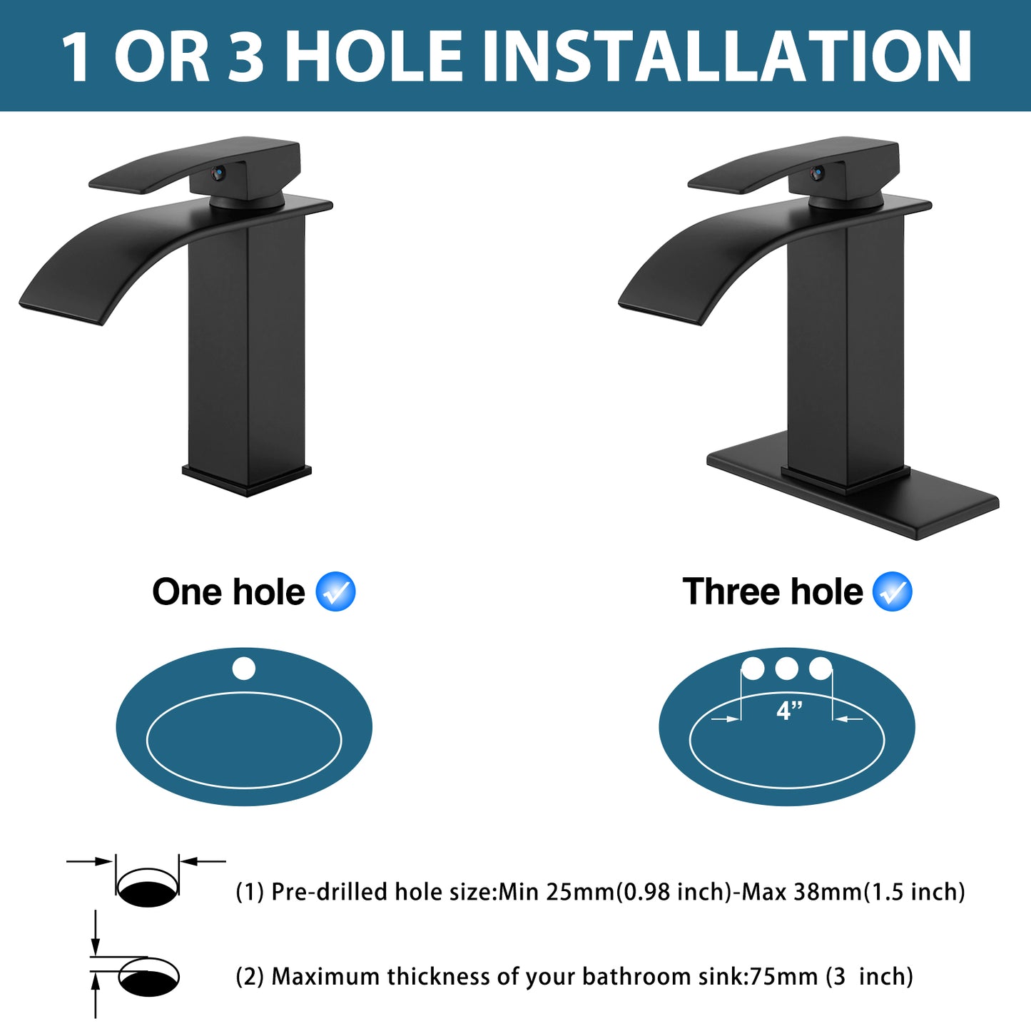 Midanya Bathroom Sink Faucet Waterfall Spout Single Handle 1 Hole Deck Mount Mixer Tap Lavatory Vanity Sink Faucet Commercial with Deck Plate and Pop Up Drain