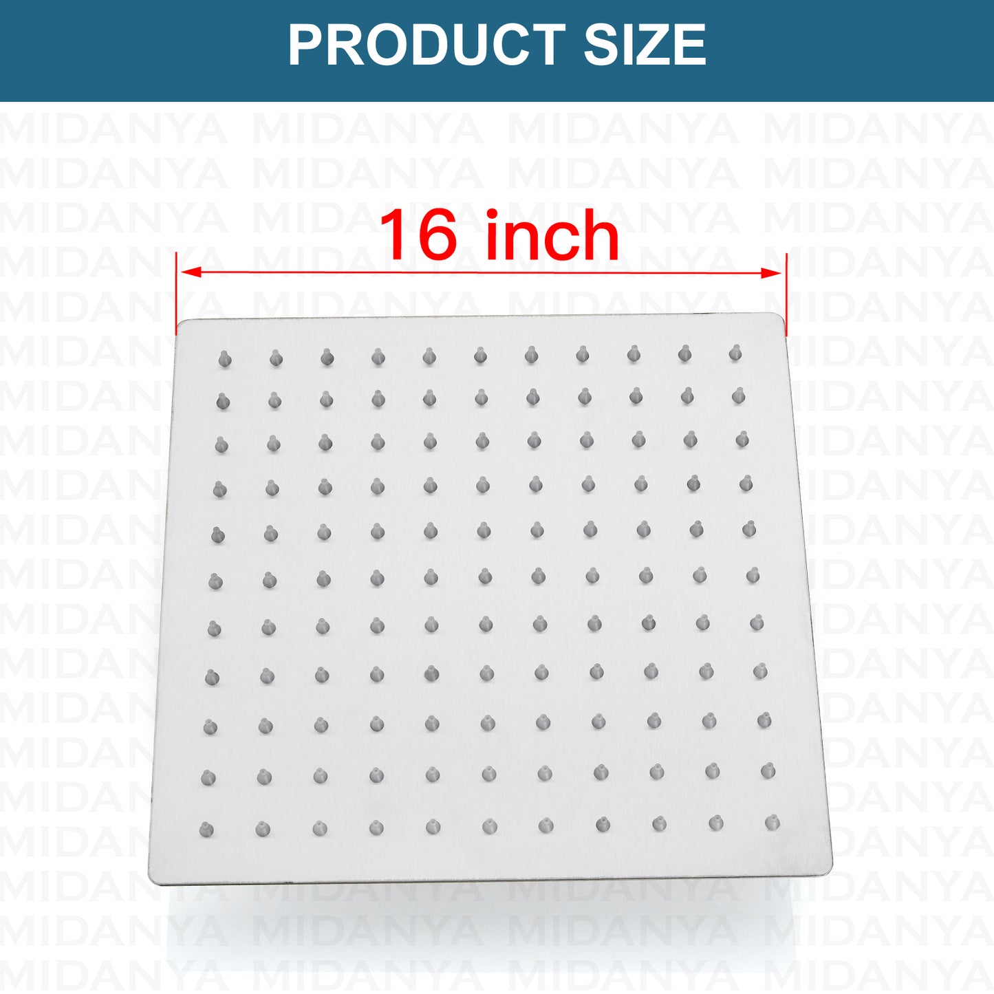 
                  
                    Midanya 16 Inch Rain Shower Head 16'' HIGH PRESSURE Square Stainless Steel 1/16" Ultra Thin Rain Large Showerhead Waterfall Full Body Coverage with Silicone Nozzle Swivel Connector
                  
                
