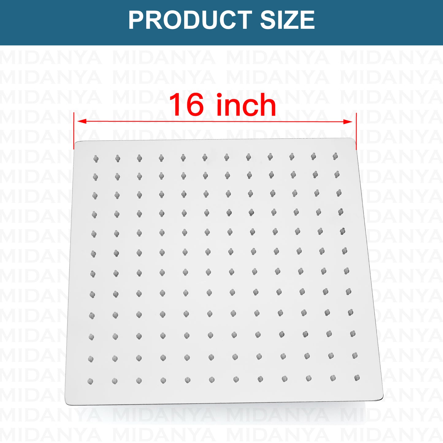 
                  
                    Midanya 16 Inch Rain Shower Head 16'' HIGH PRESSURE Square Stainless Steel 1/16" Ultra Thin Rain Large Showerhead Waterfall Full Body Coverage with Silicone Nozzle Swivel Connector
                  
                