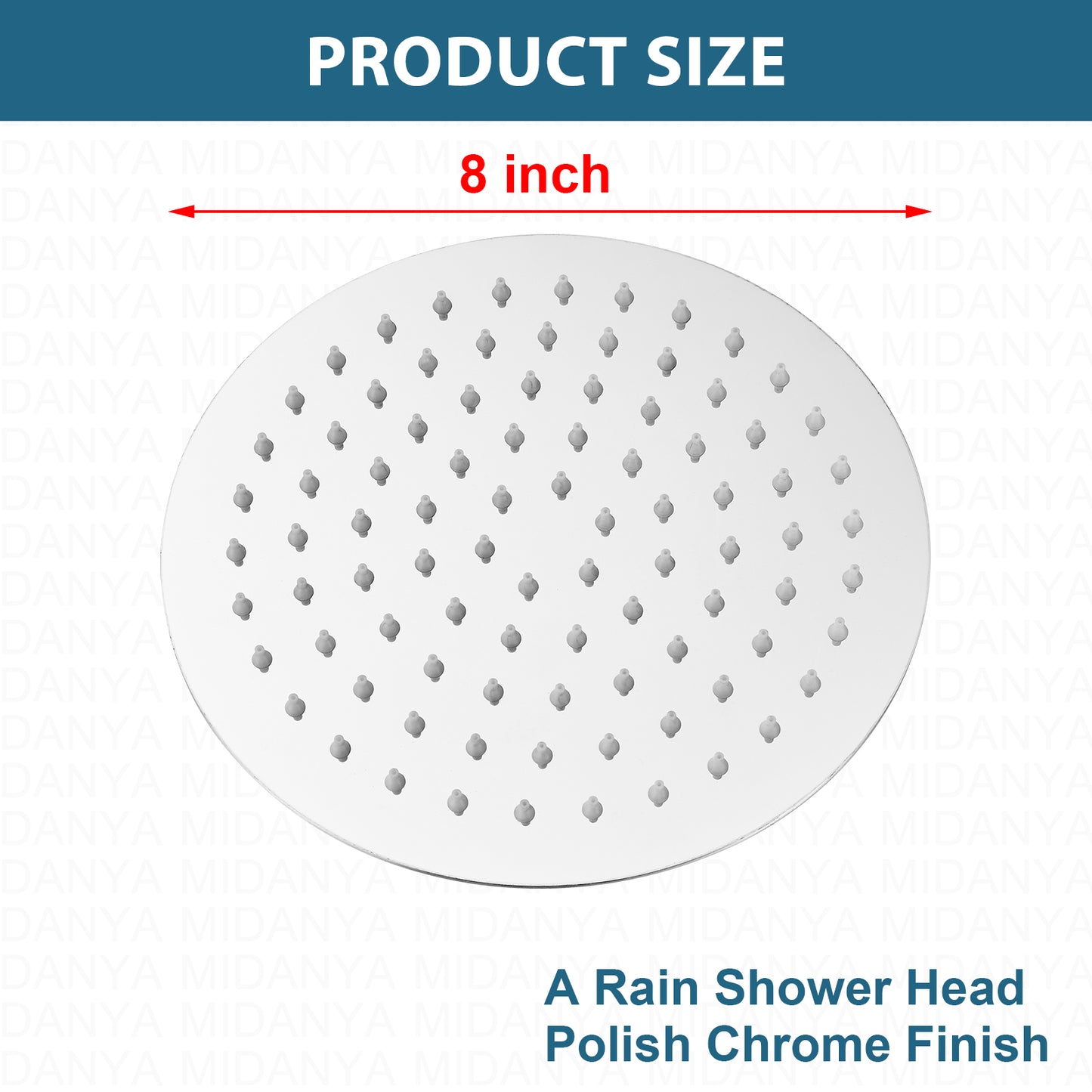 
                  
                    Midanya Round Rainfall Shower Head 8 Inch Stainless Steel Ultra Thin Design High Pressure
                  
                