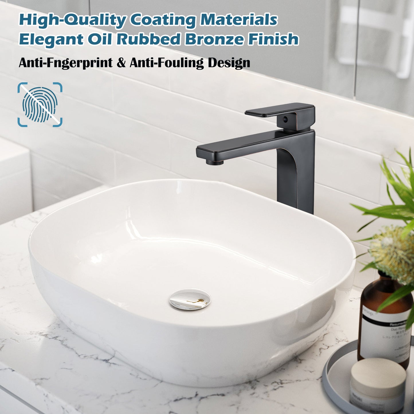Bathroom Vessel Bowl Sink Faucet Tall Body Single Handle Lavatory Vanity Mixer Bar Tap with Pop Up Drain Tall Spout Single Hole Deck Mount Brass