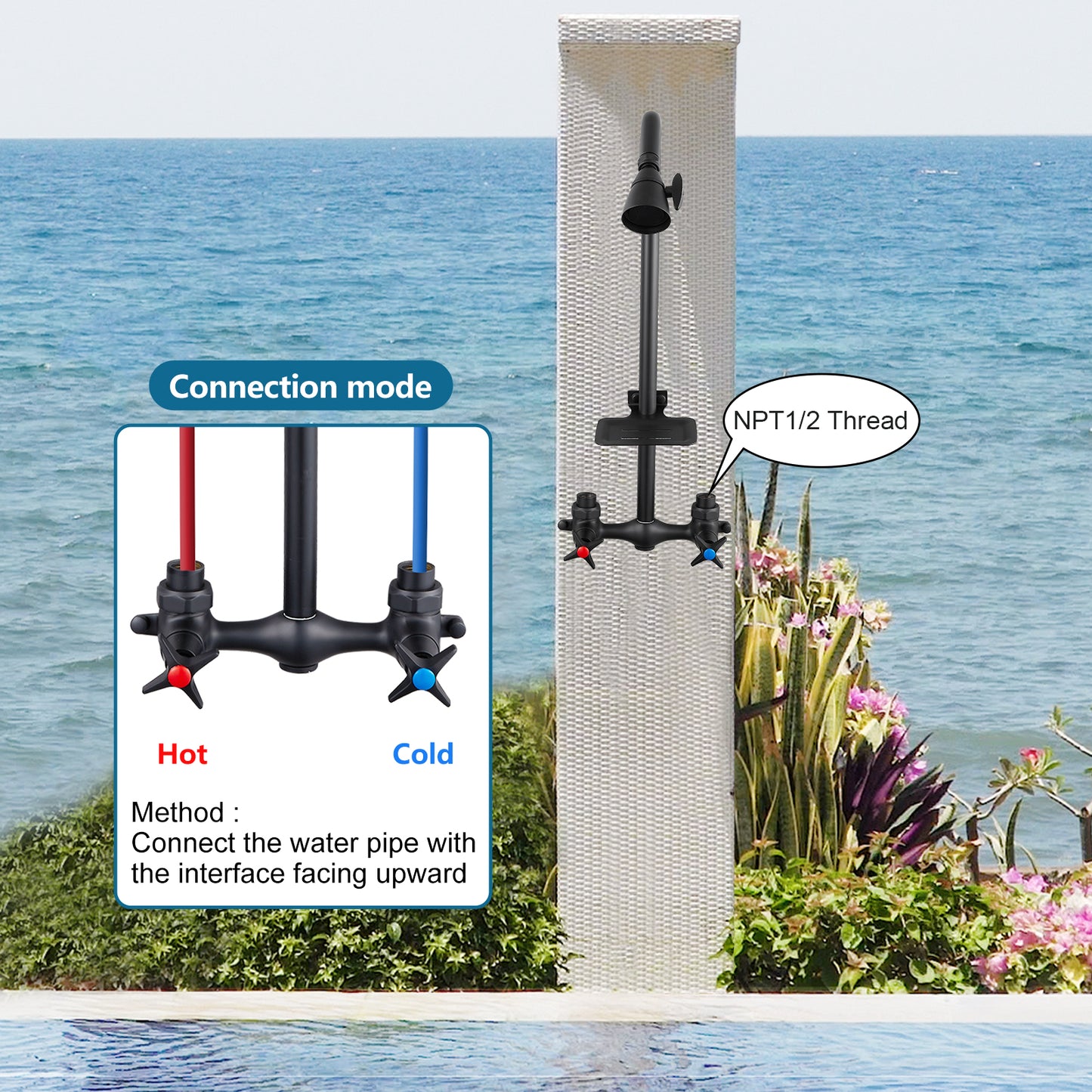 Outdoor Shower Fixtures Faucet Kit Wall Mounted with Dual Cross Handles Brass Mix Valve Adjustable Utility Shower Head Exposed Shower System with Soap Dish