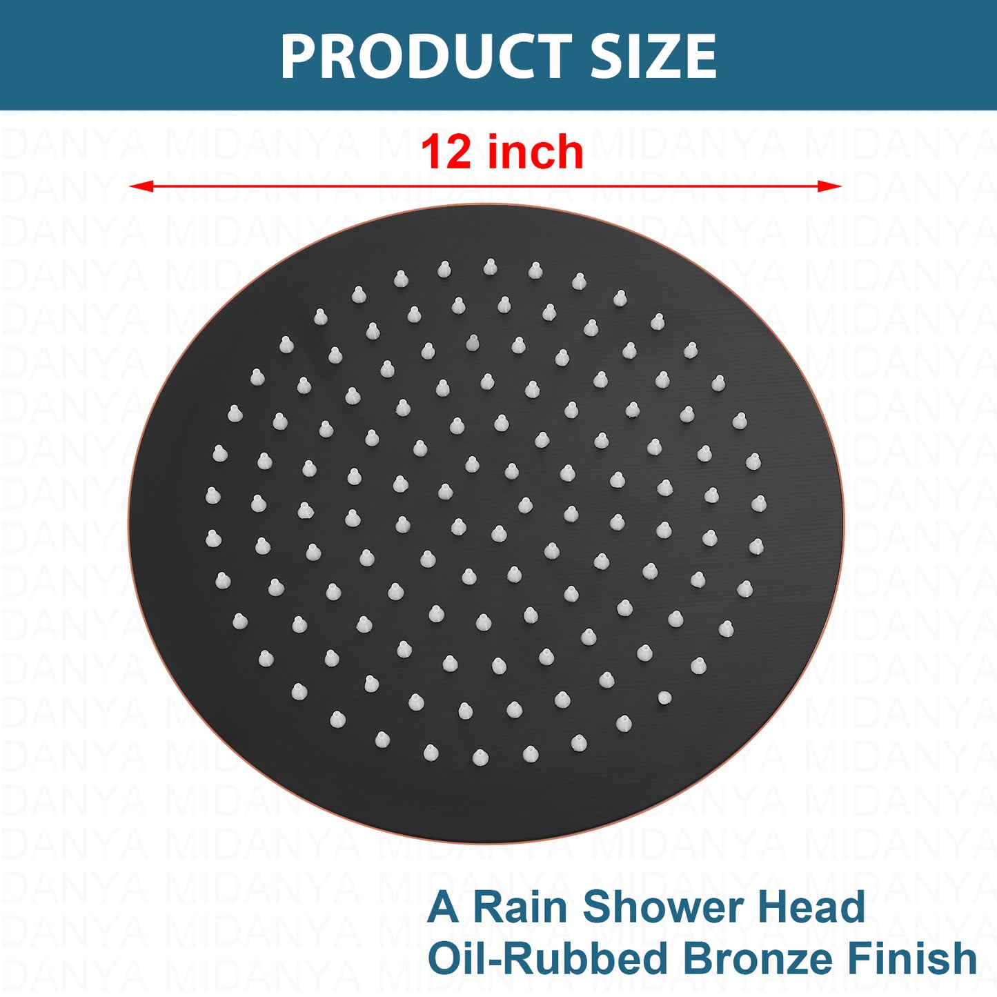 
                  
                    Midanya Round Rainfall Shower Head 12 Inch Stainless Steel Ultra Thin Design High Pressure
                  
                