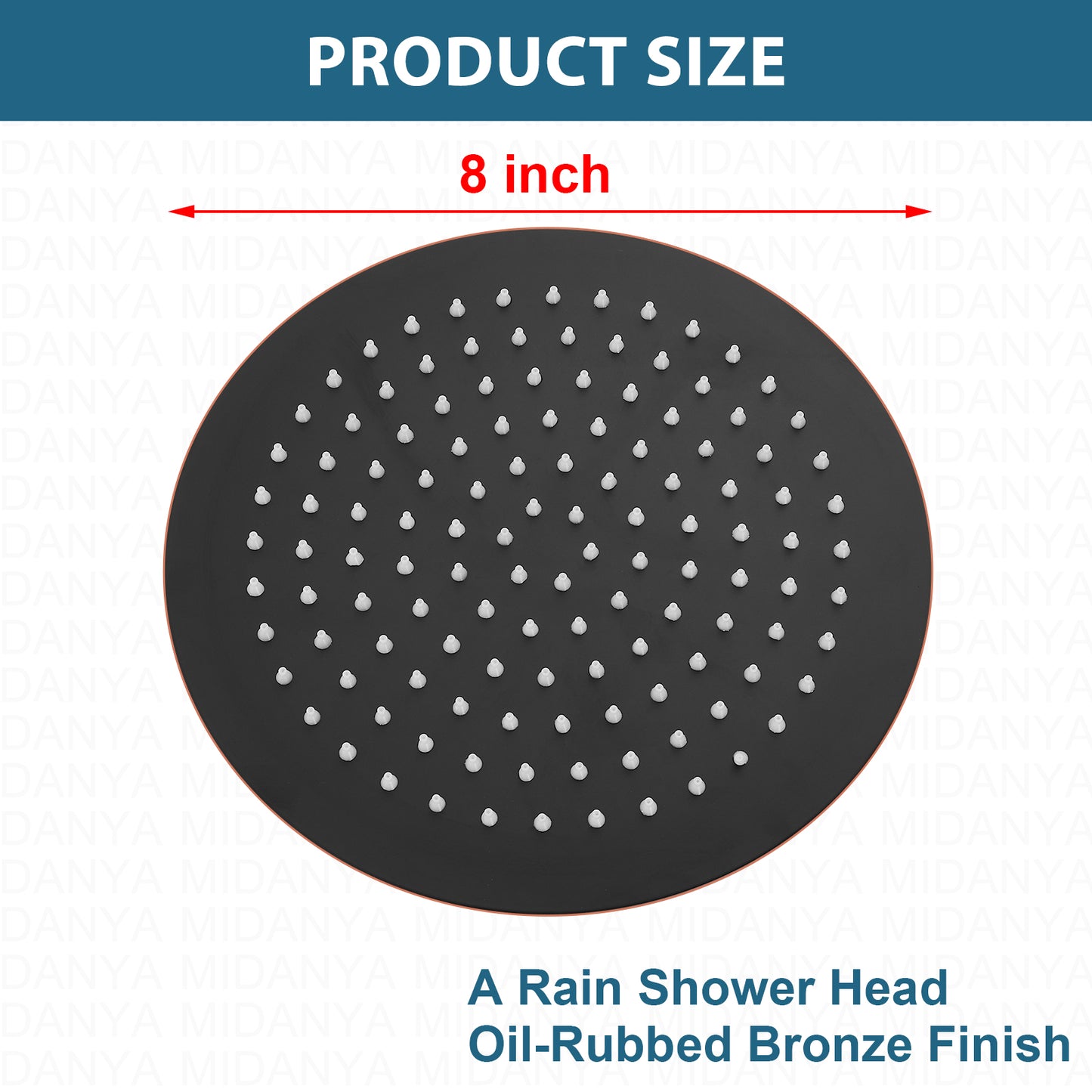 
                  
                    Midanya Round Rainfall Shower Head 8 Inch Stainless Steel Ultra Thin Design High Pressure
                  
                