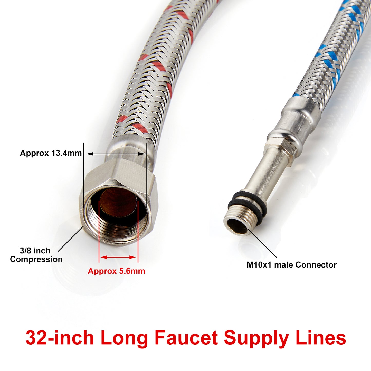 Midanya 32-Inch Long Faucet Connector, Braided Stainless Steel Supply Hose 3/8-Inch Female Compression Thread x M10 Male Connector, x 2 Pcs (1 Pair)
