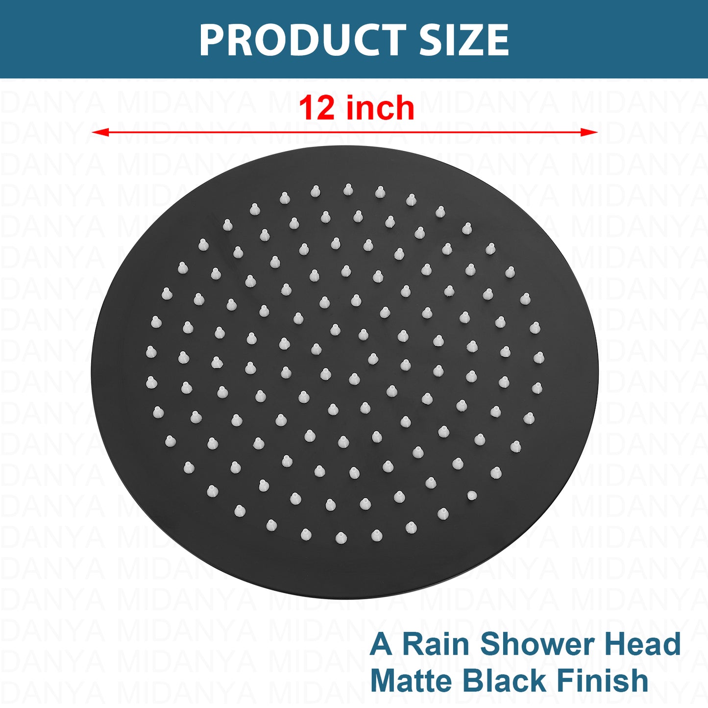 
                  
                    Midanya Round Rainfall Shower Head 12 Inch Stainless Steel Ultra Thin Design High Pressure
                  
                