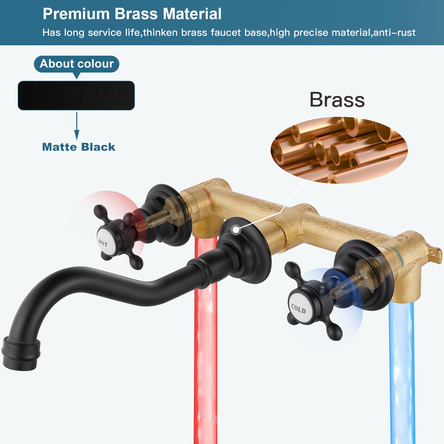 
                  
                    Midanya Bathroom Sink Faucet Widespread Wall Mount 3 Holes 2 Cross Knobs Brass Lavatory Vessel Basin Mixer Tap Mixing Spout Double Handles Commercial with Hot and Cold Signs
                  
                