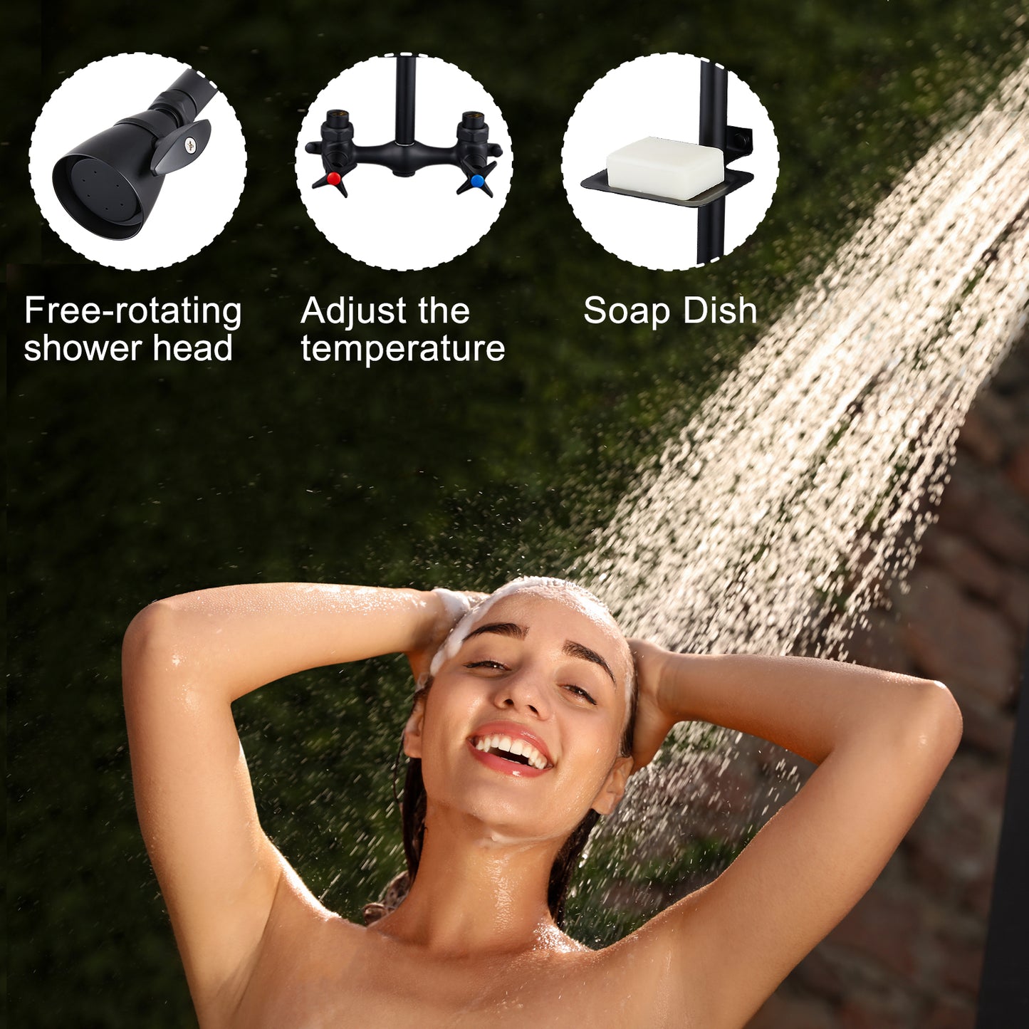 
                  
                    Outdoor Shower Fixtures Faucet Kit Wall Mounted with Dual Cross Handles Brass Mix Valve Adjustable Utility Shower Head Exposed Shower System with Soap Dish
                  
                