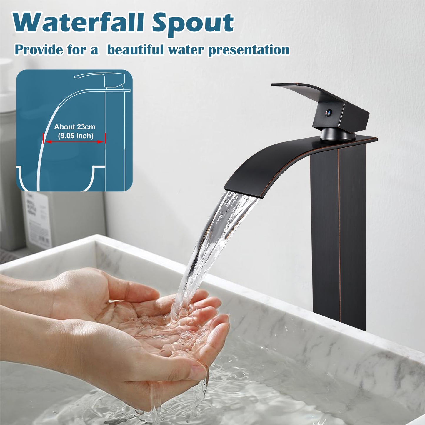 
                  
                    Midanya Waterfall Bathroom Bowl Vessel Sink Faucet Tall Single Handle Single Hole Deck Mount Mixer Tap with Large Rectangular Spout Sink Faucet Lavatory Vanity
                  
                
