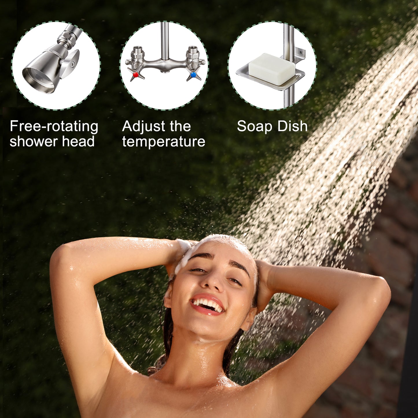 
                  
                    Outdoor Shower Fixtures Faucet Kit Wall Mounted with Dual Cross Handles Brass Mix Valve Adjustable Utility Shower Head Exposed Shower System with Soap Dish
                  
                