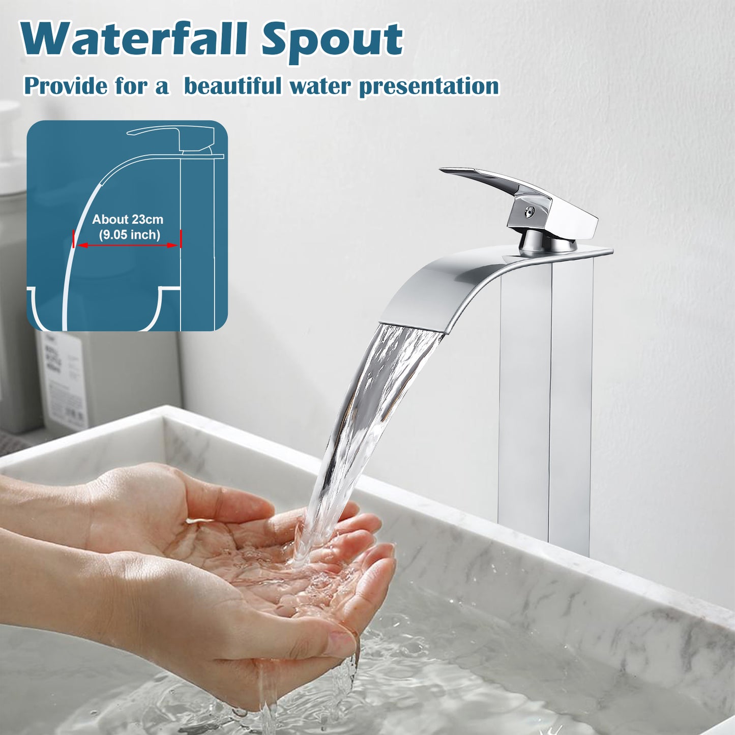 
                  
                    Midanya Waterfall Bathroom Bowl Vessel Sink Faucet Tall Single Handle Single Hole Deck Mount Mixer Tap with Large Rectangular Spout Sink Faucet Lavatory Vanity
                  
                