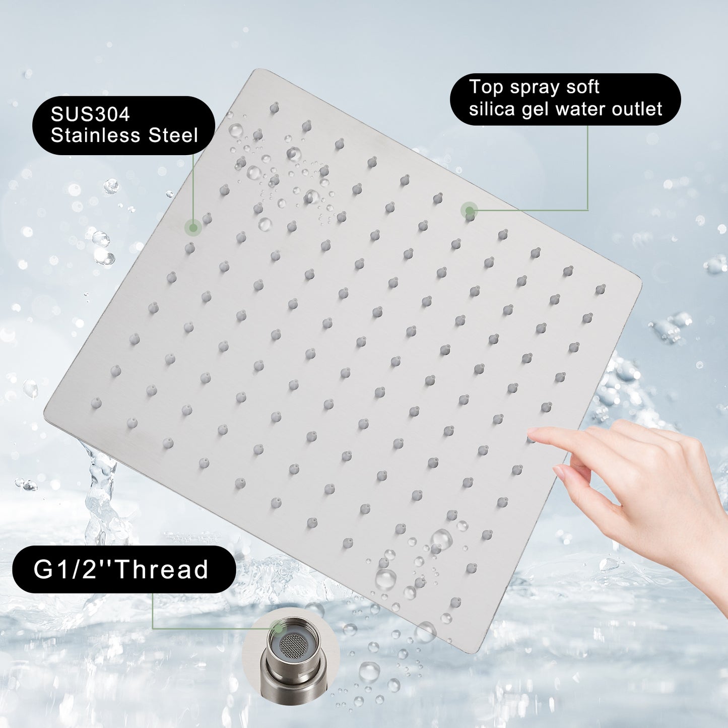 
                  
                    Midanya 12 inch  Rainfall Shower Head Square Stainless Steel Rain Showerhead High Pressure Waterfall Crackproof Coverage with Silicone Nozzle 1/16" Ultra Thin Design Swivel Connector
                  
                