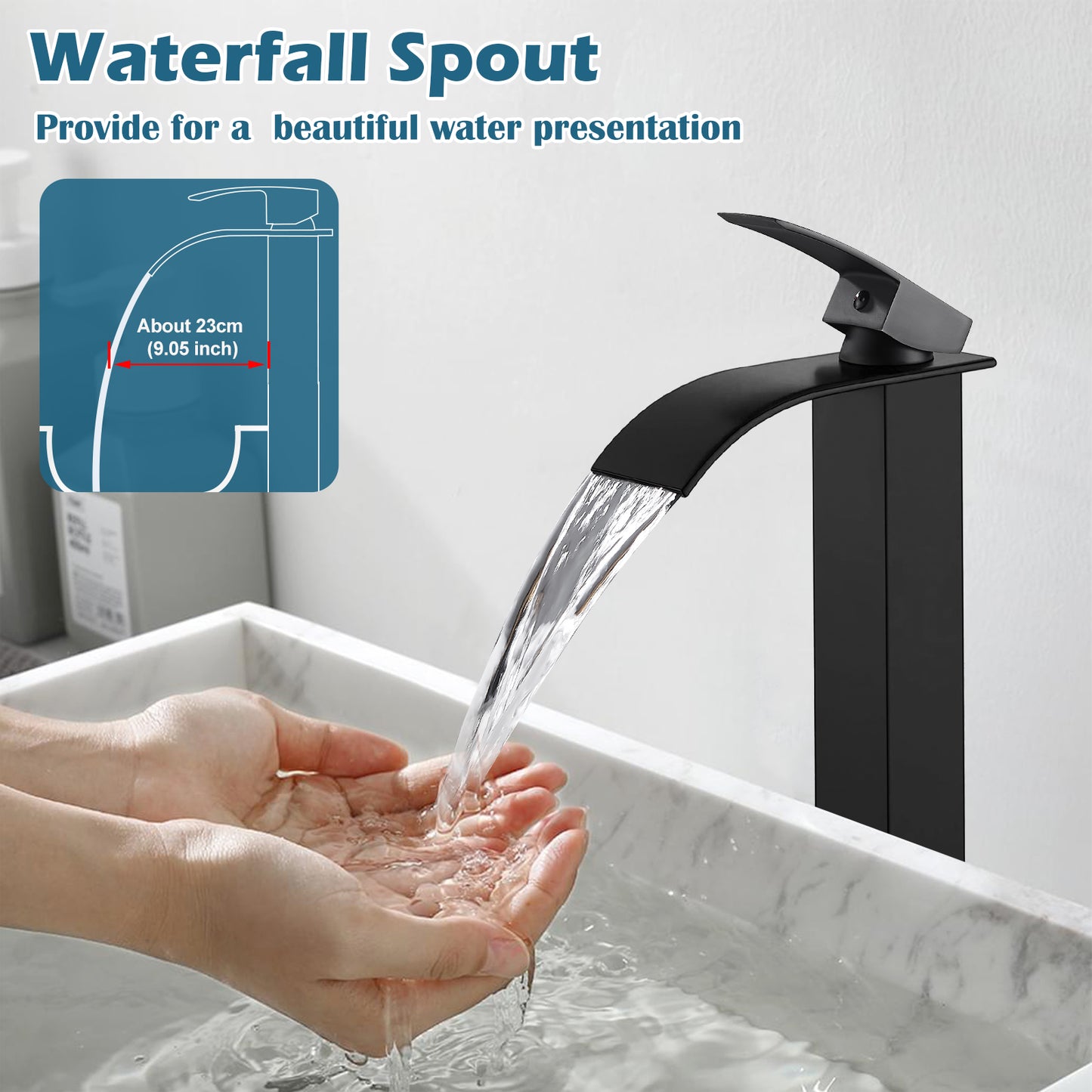 
                  
                    Midanya Waterfall Bathroom Bowl Vessel Sink Faucet Tall Single Handle Single Hole Deck Mount Mixer Tap with Large Rectangular Spout Sink Faucet Lavatory Vanity
                  
                