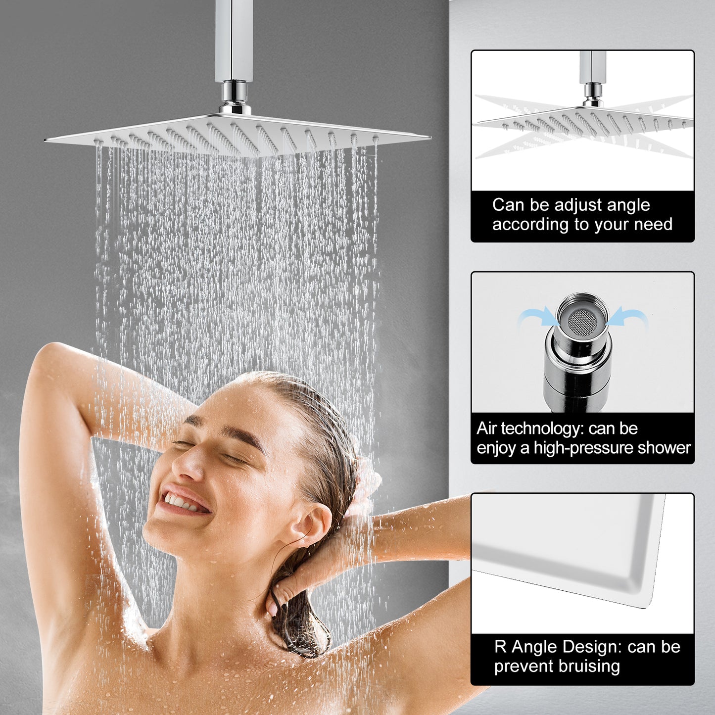 
                  
                    Midanya 12 inch  Rainfall Shower Head Square Stainless Steel Rain Showerhead High Pressure Waterfall Crackproof Coverage with Silicone Nozzle 1/16" Ultra Thin Design Swivel Connector
                  
                