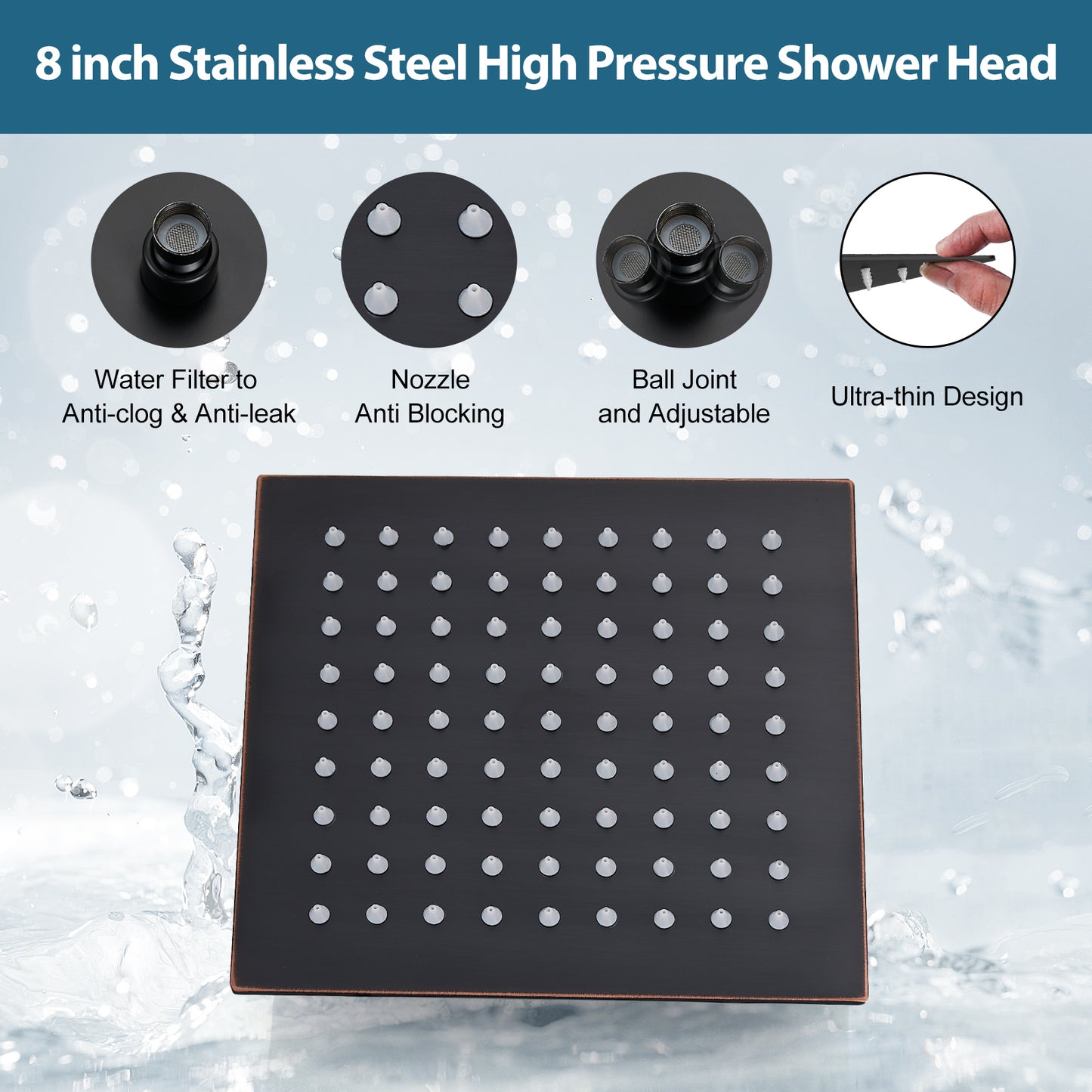 
                  
                    Midanya 8 inch Rainfall Shower Head Square Stainless Steel Rain Showerhead High Pressure Waterfall Crackproof Coverage with Silicone Nozzle 1/16" Ultra Thin Design Swivel Connector
                  
                
