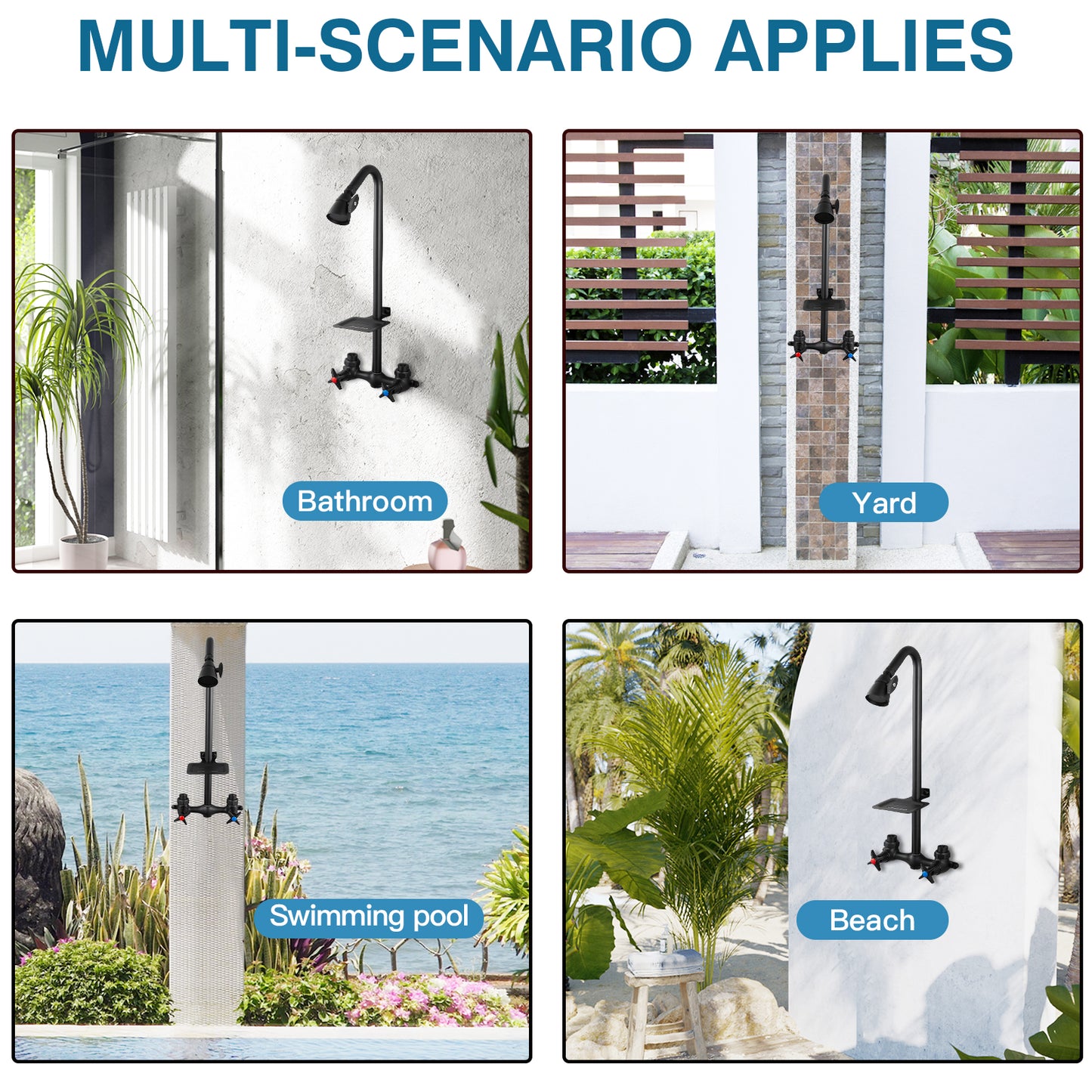 
                  
                    Outdoor Shower Fixtures Faucet Kit Wall Mounted with Dual Cross Handles Brass Mix Valve Adjustable Utility Shower Head Exposed Shower System with Soap Dish
                  
                