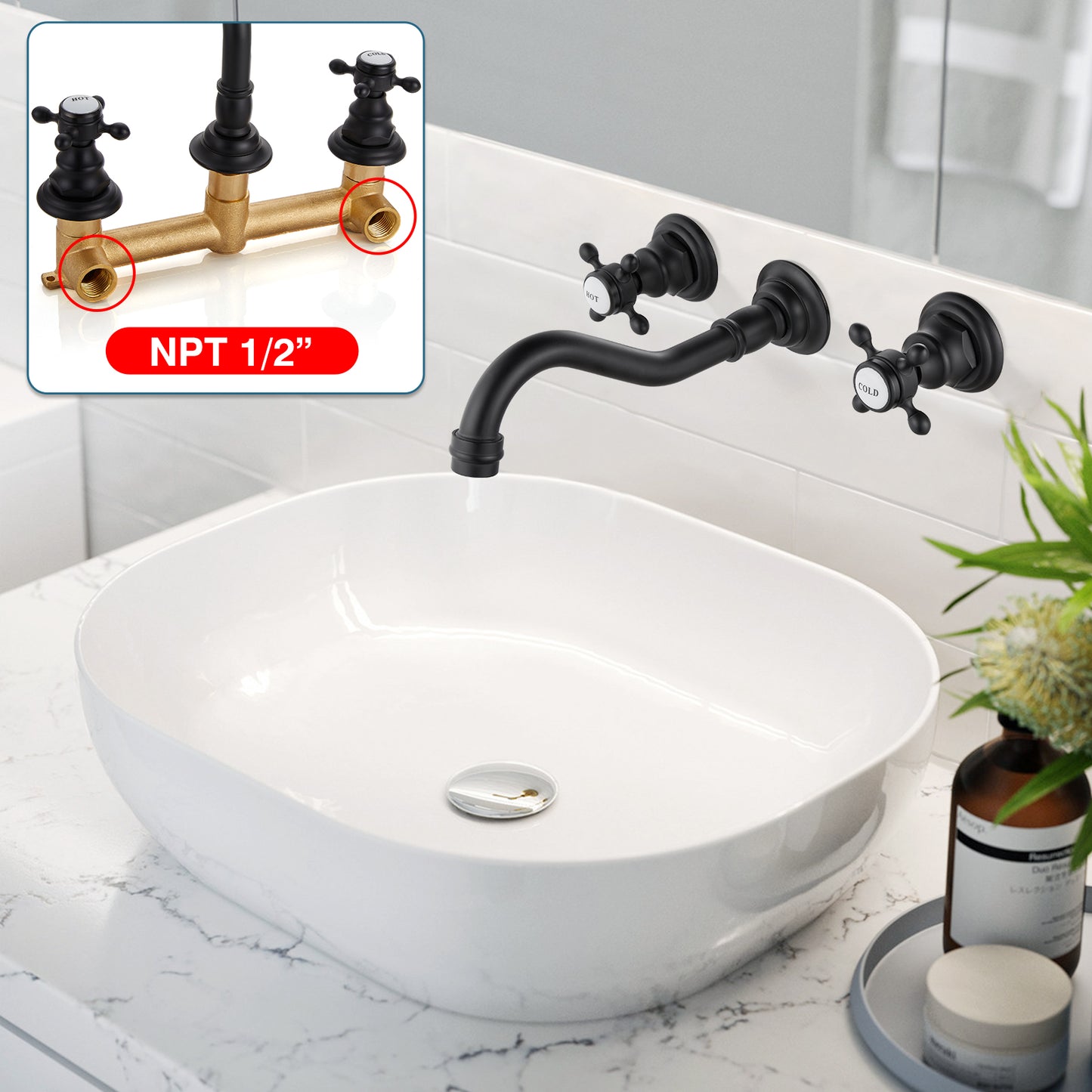 
                  
                    Midanya Bathroom Sink Faucet Widespread Wall Mount 3 Holes 2 Cross Knobs Brass Lavatory Vessel Basin Mixer Tap Mixing Spout Double Handles Commercial with Hot and Cold Signs
                  
                