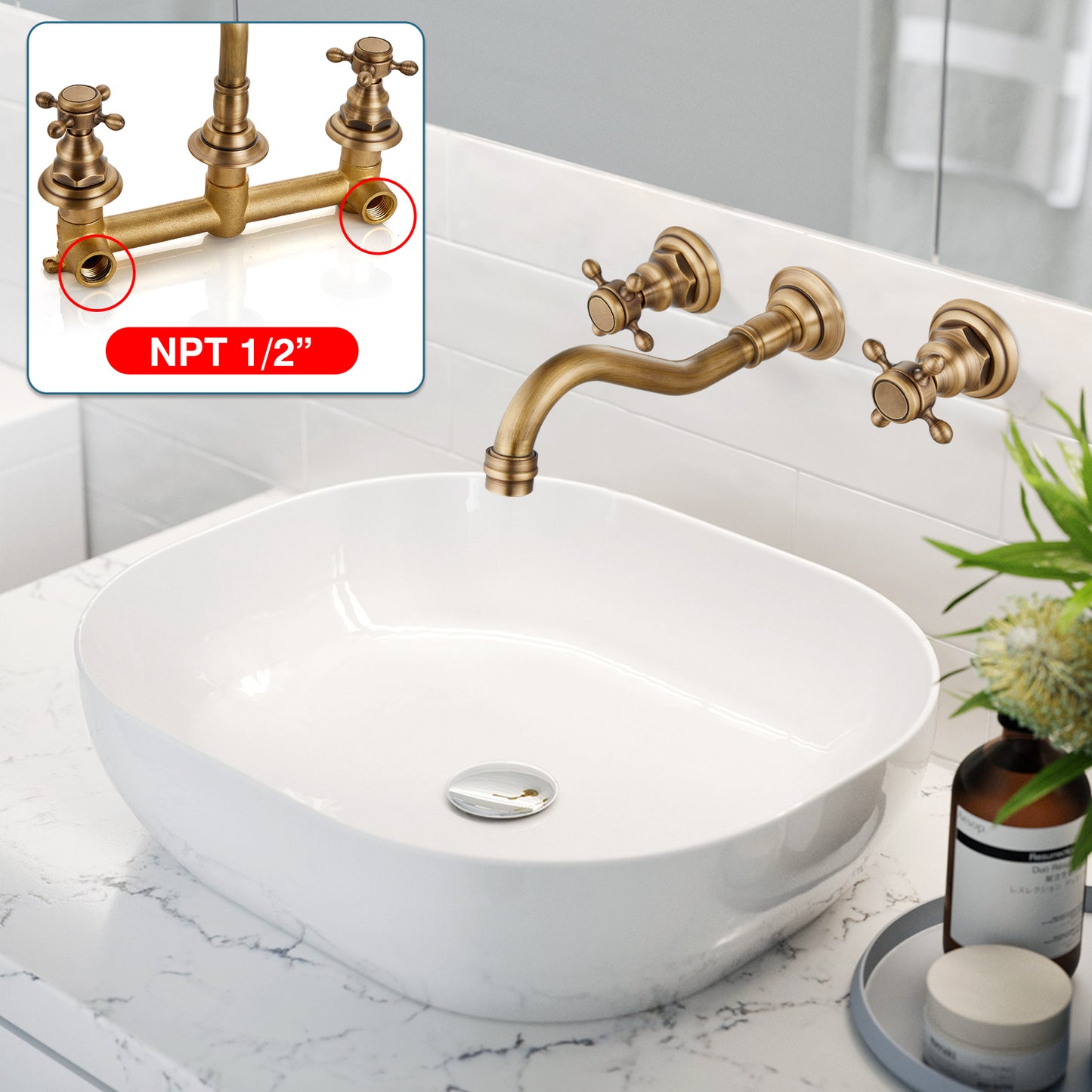 
                  
                    Midanya Bathroom Sink Faucet Widespread  Wall Mount 3 Holes 2 Cross Knobs Lavatory Vessel Basin Mixer Tap Mixing Spout Double Handles Commercial
                  
                