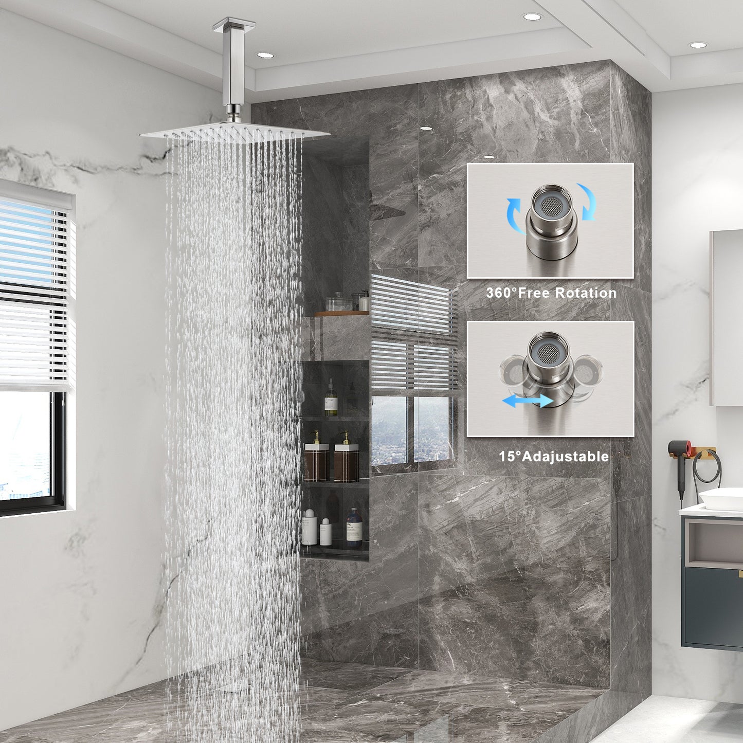 
                  
                    Midanya 10 inch Rainfall Shower Head Square Stainless Steel Rain Showerhead High Pressure Waterfall Crackproof Coverage with Silicone Nozzle 1/16" Ultra Thin Design Swivel Connector
                  
                