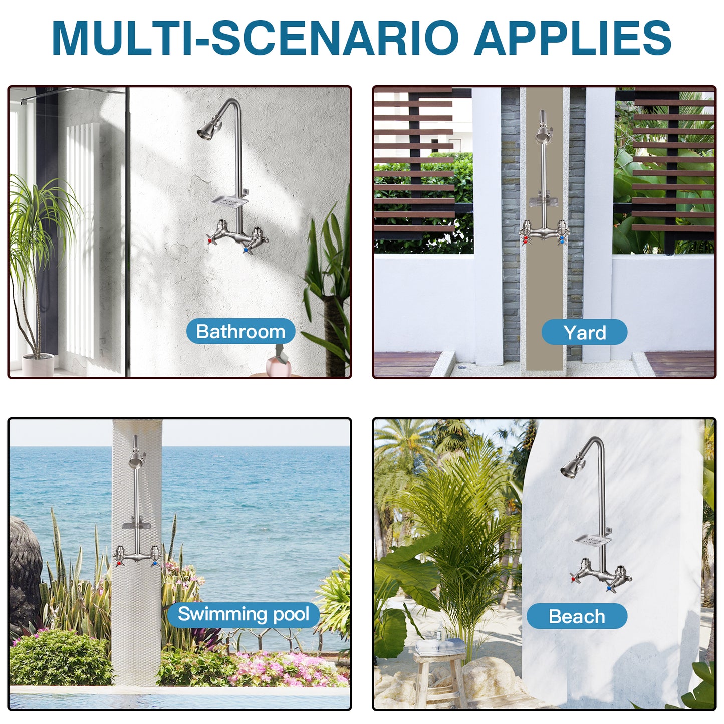 
                  
                    Outdoor Shower Fixtures Faucet Kit Wall Mounted with Dual Cross Handles Brass Mix Valve Adjustable Utility Shower Head Exposed Shower System with Soap Dish
                  
                