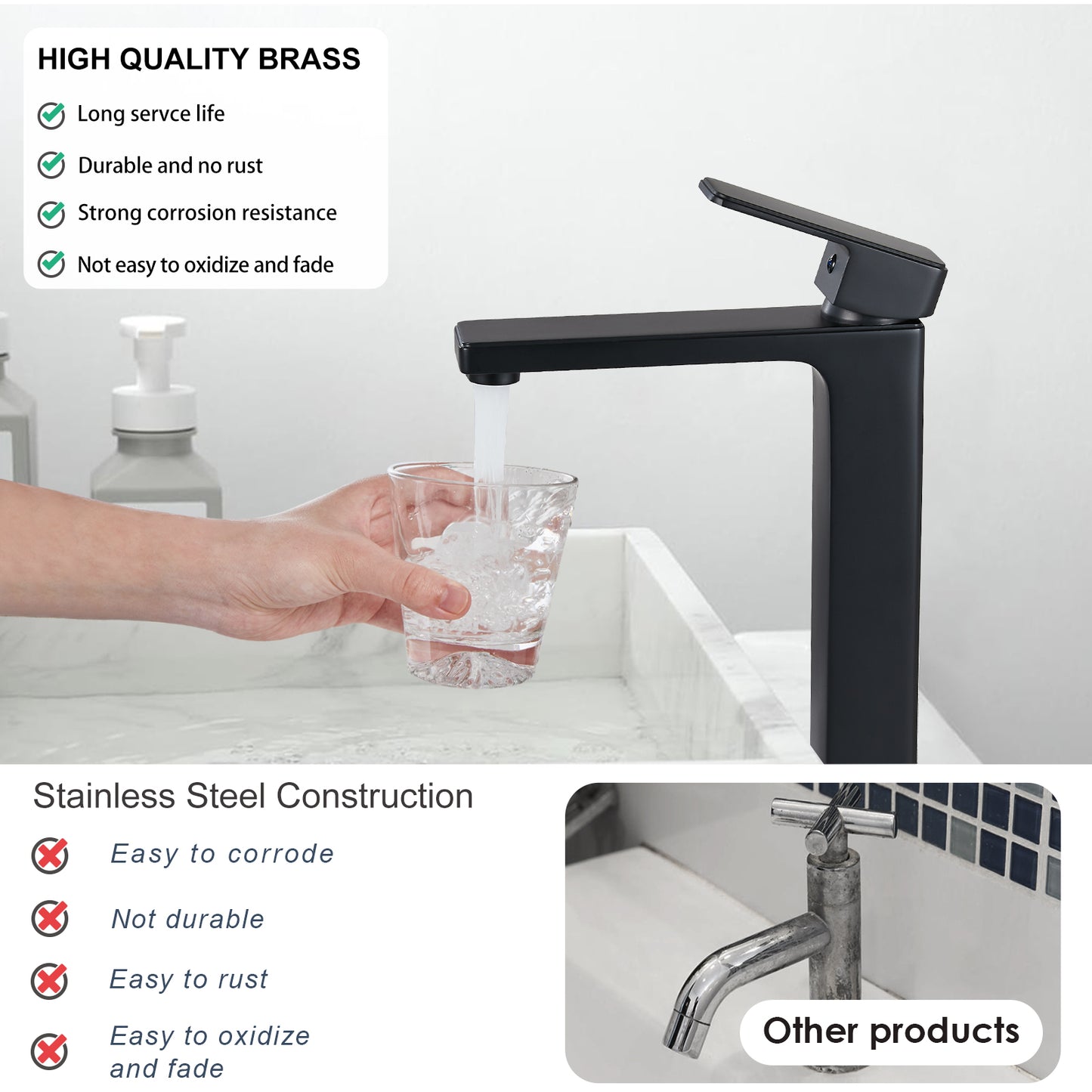 
                  
                    Bathroom Vessel Bowl Sink Faucet Tall Body Single Handle Lavatory Vanity Mixer Bar Tap with Pop Up Drain Tall Spout Single Hole Deck Mount Brass
                  
                