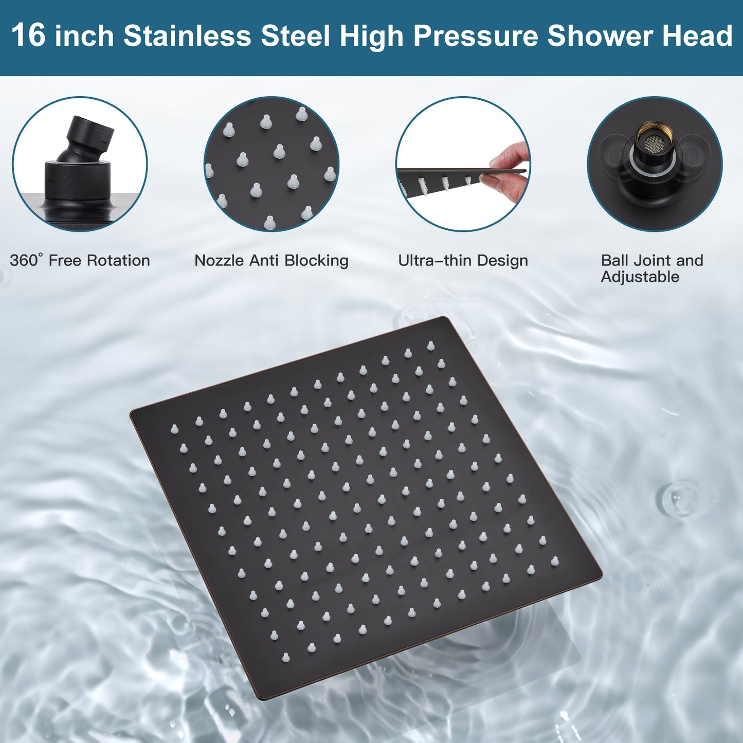 
                  
                    Midanya 16 Inch Rain Shower Head 16'' HIGH PRESSURE Square Stainless Steel 1/16" Ultra Thin Rain Large Showerhead Waterfall Full Body Coverage with Silicone Nozzle Swivel Connector
                  
                