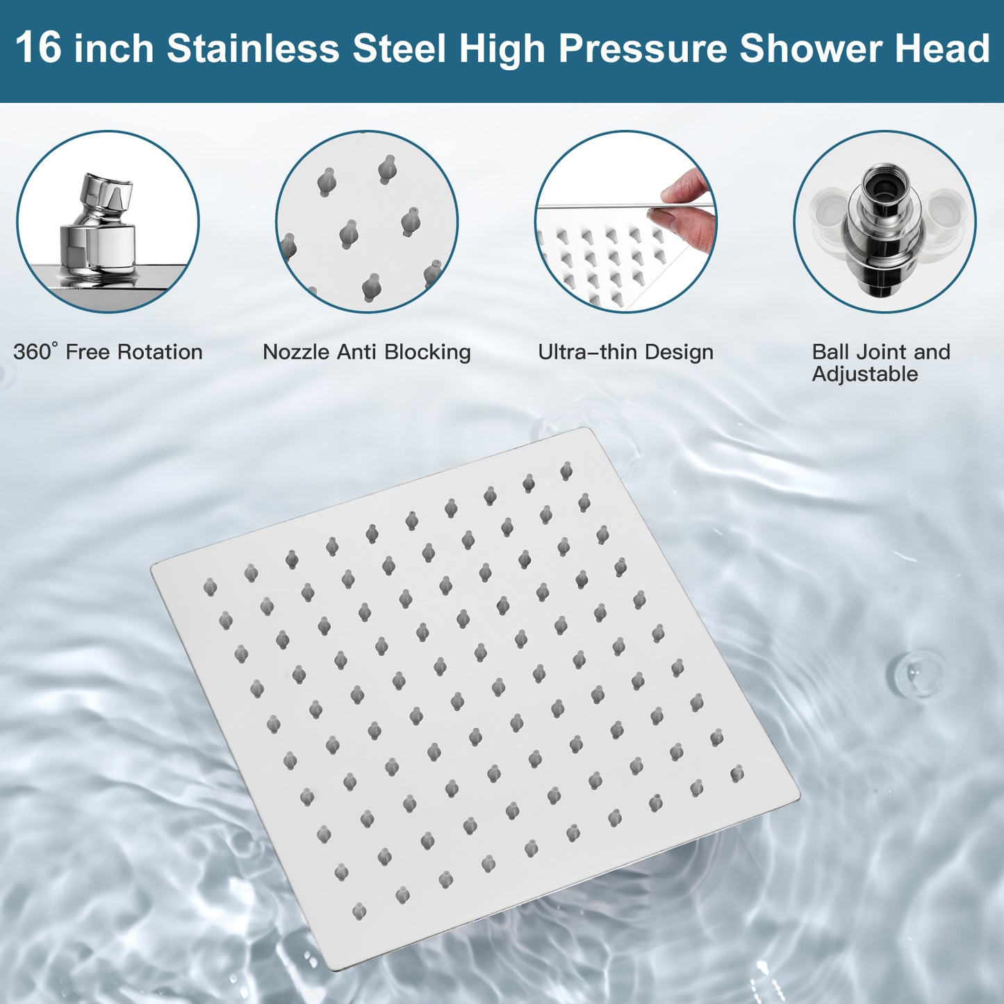 
                  
                    Midanya 16 Inch Rain Shower Head 16'' HIGH PRESSURE Square Stainless Steel 1/16" Ultra Thin Rain Large Showerhead Waterfall Full Body Coverage with Silicone Nozzle Swivel Connector
                  
                
